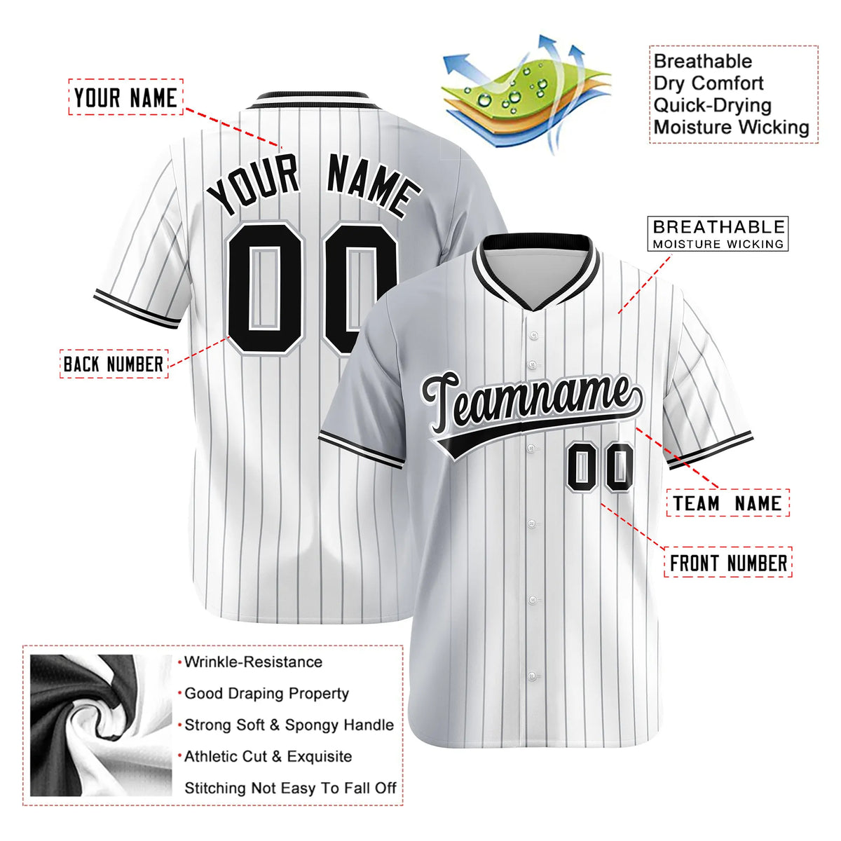 Custom Gray White Pinstripe Black Authentic Baseball Jersey