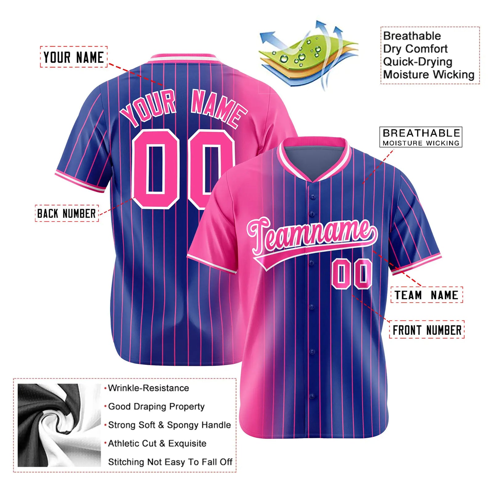 Custom Pink Blue Pinstripe Pink Authentic Baseball Jersey
