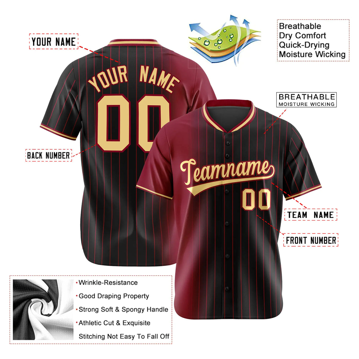 Custom Crimson Black Pinstripe Old-Gold Authentic Baseball Jersey
