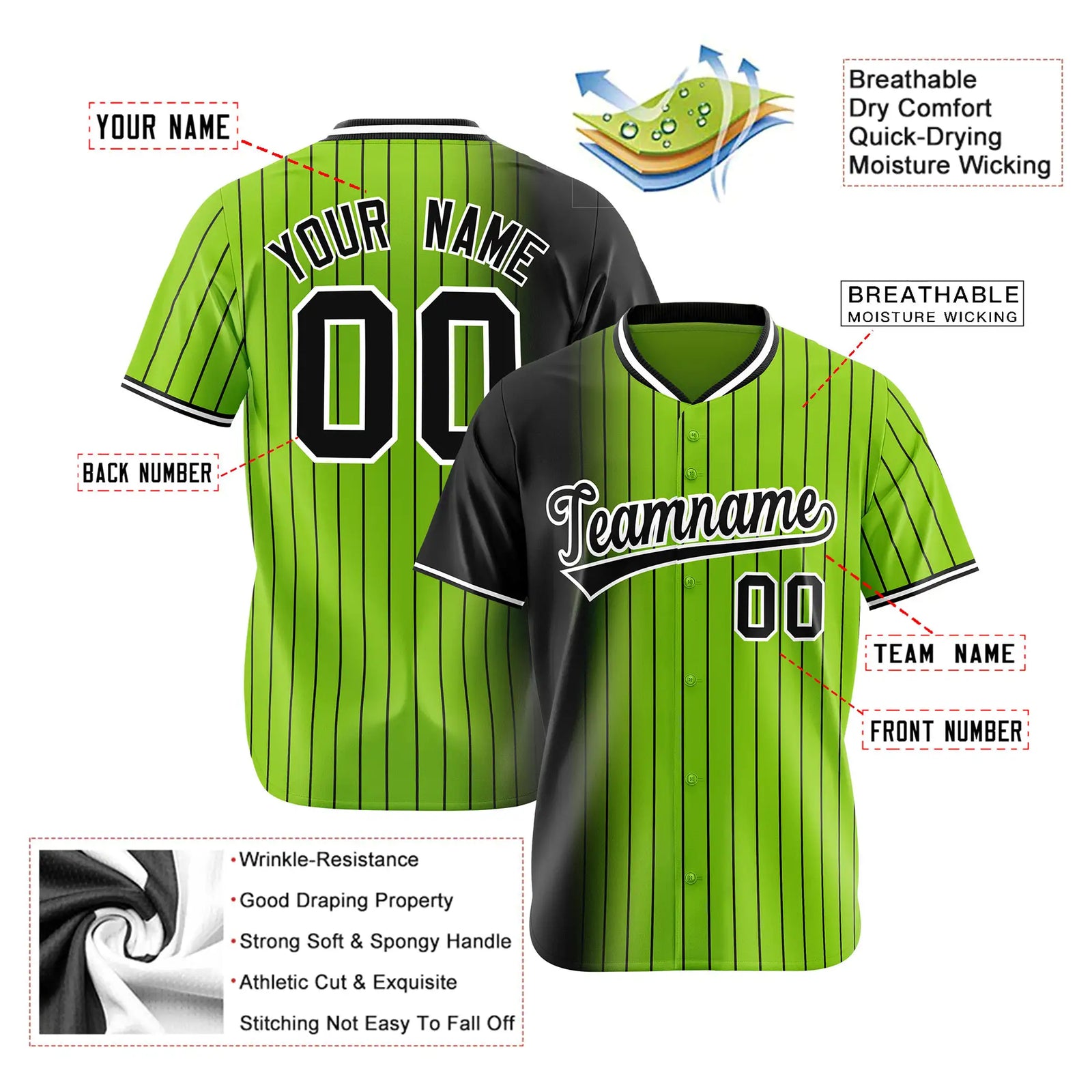 Custom Black Neon-Green Pinstripe Black Authentic Baseball Jersey