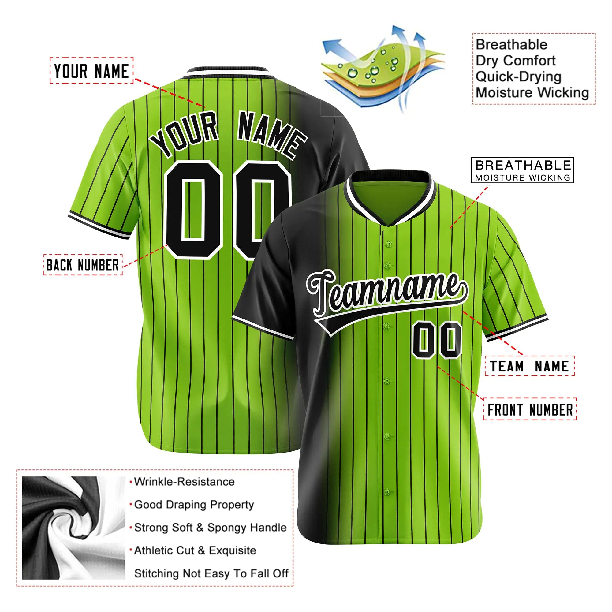 Custom Black Neon-Green Pinstripe Black Authentic Baseball Jersey