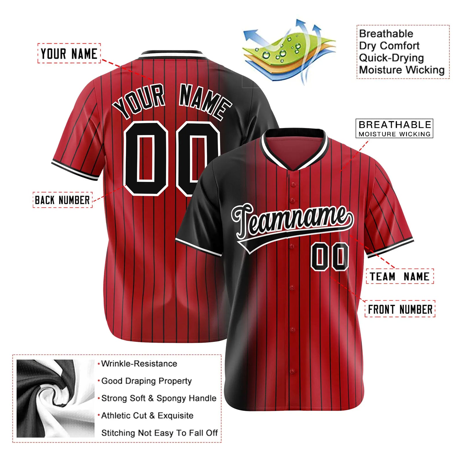 Custom Black Red Pinstripe Black Authentic Baseball Jersey