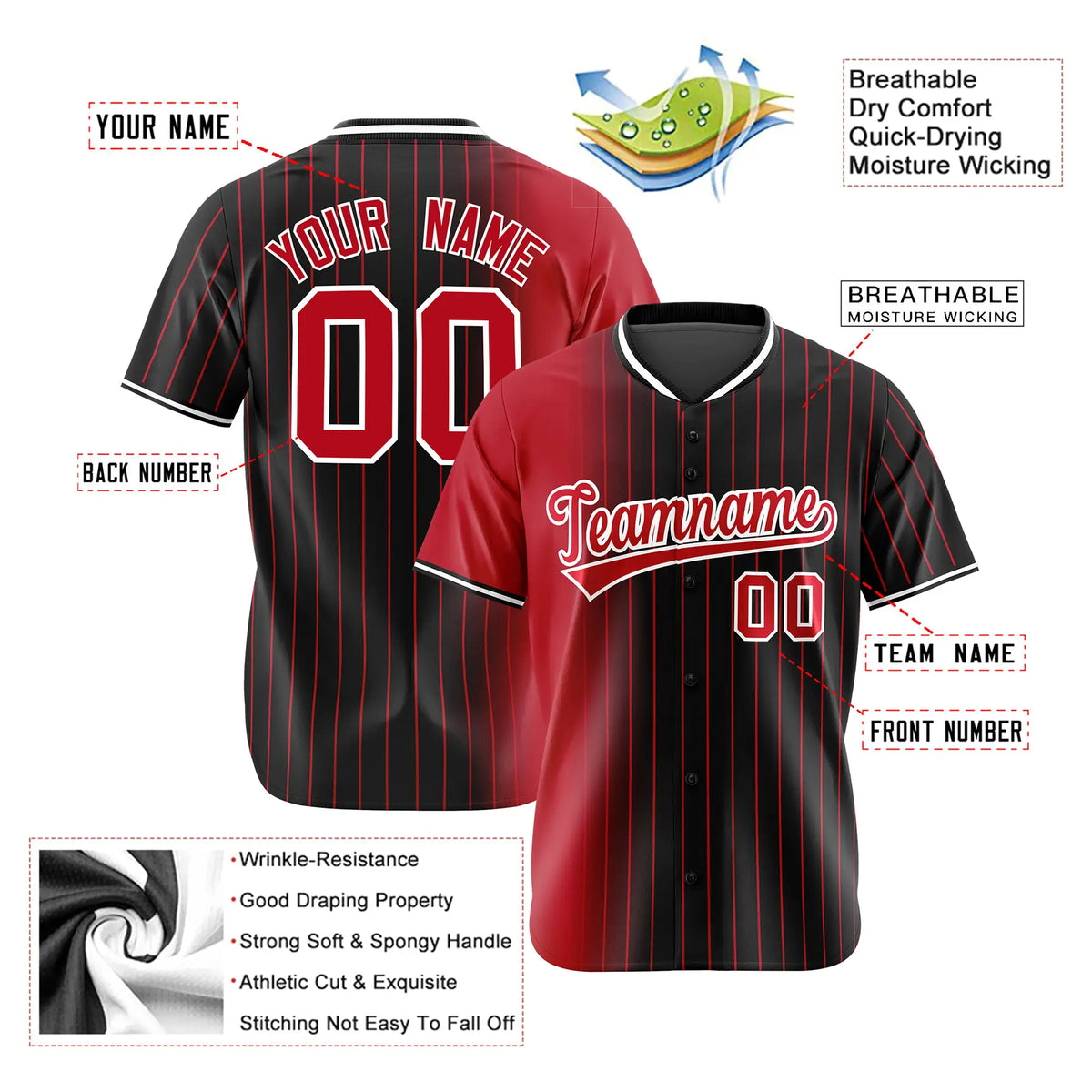 Custom Red Black Pinstripe Red Authentic Baseball Jersey