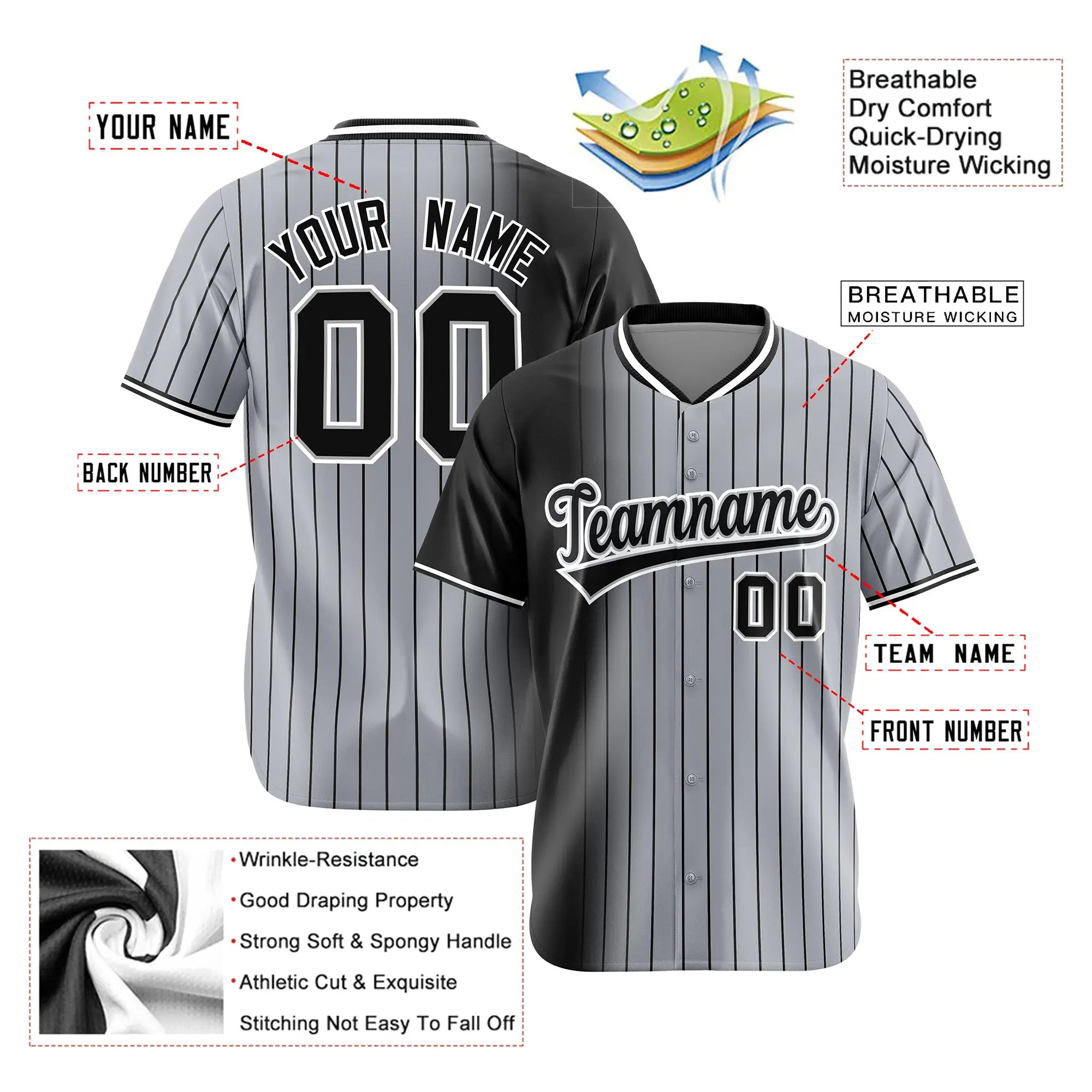 Custom Black Gray Pinstripe Black Authentic Baseball Jersey