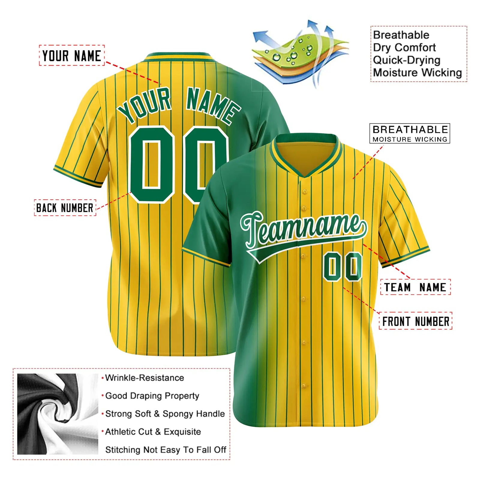 Custom Green Yellow Pinstripe Green Authentic Baseball Jersey