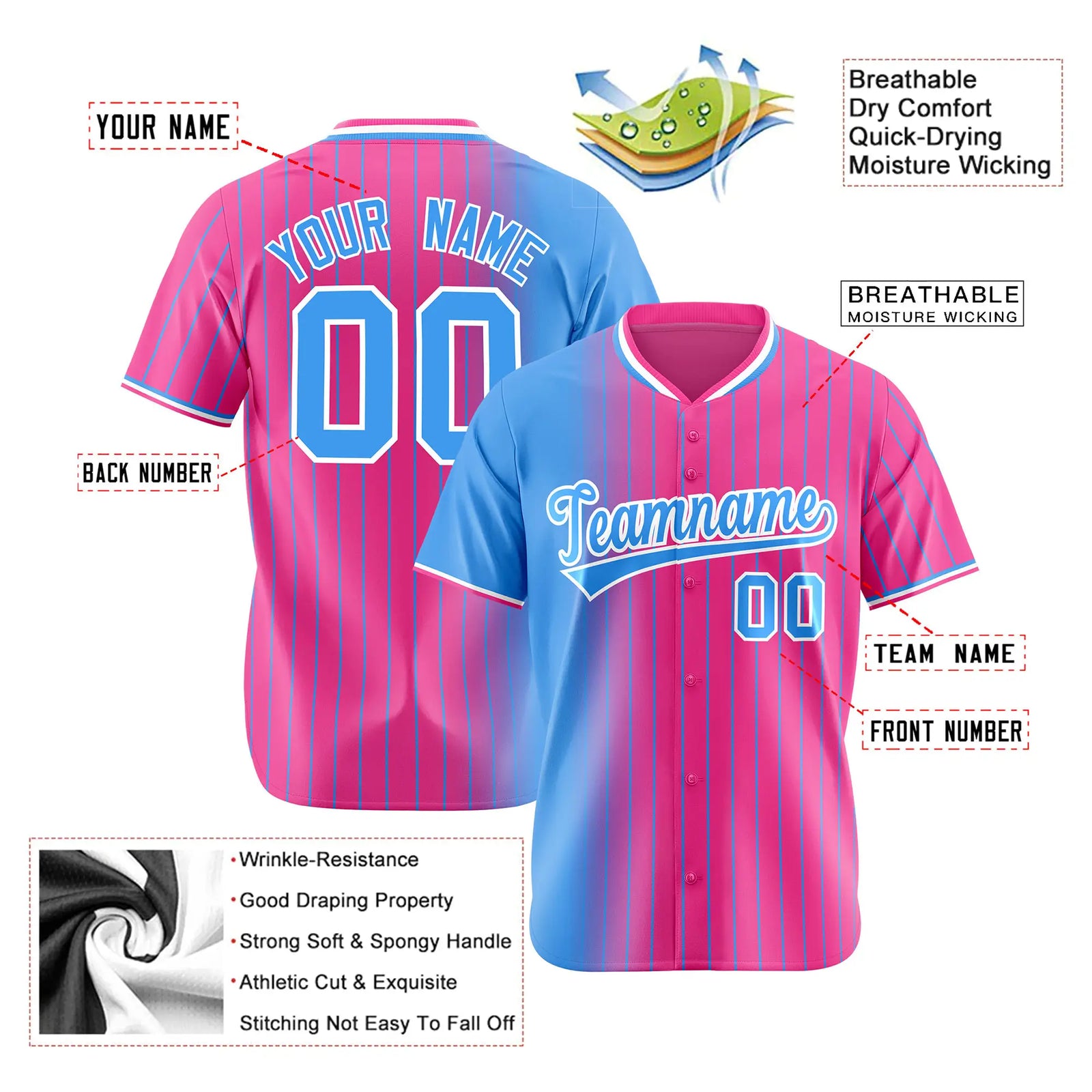 Custom Blue Pink Pinstripe Blue Authentic Baseball Jersey