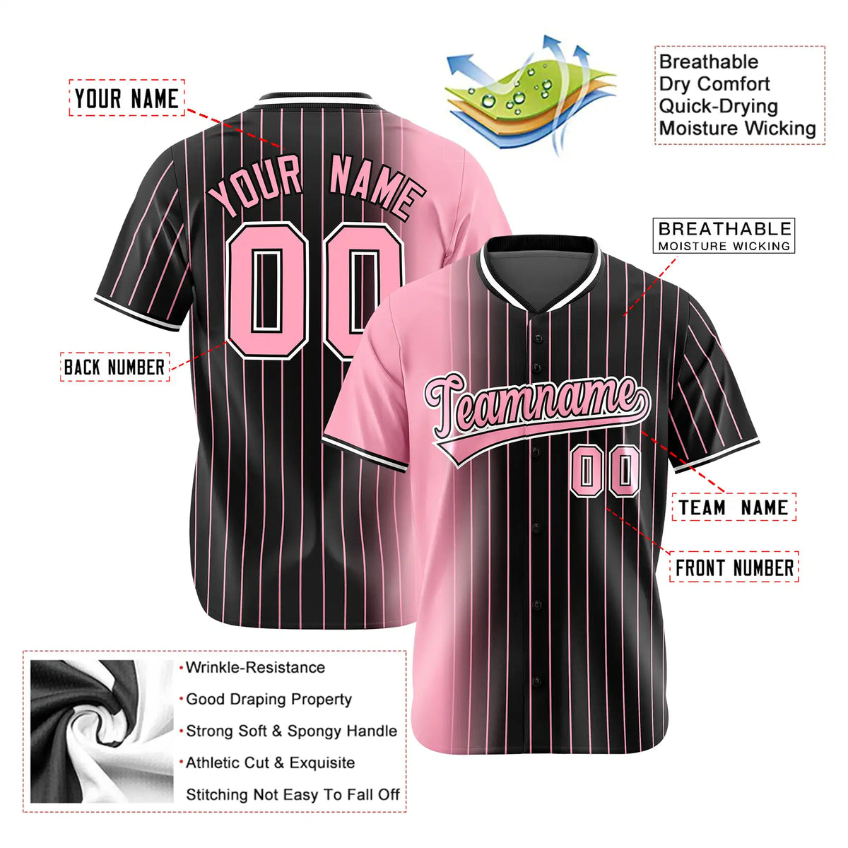 Custom Pink Black Pinstripe Pink Authentic Baseball Jersey
