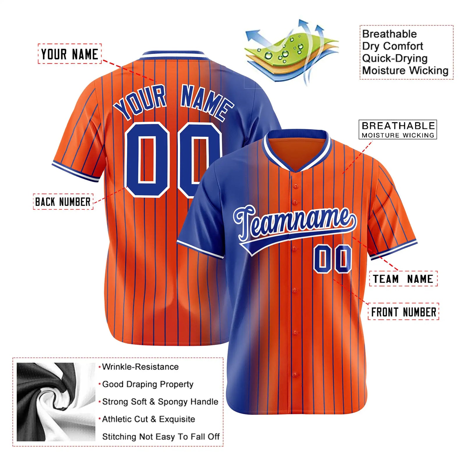 Custom Blue Orange Pinstripe Blue Authentic Baseball Jersey