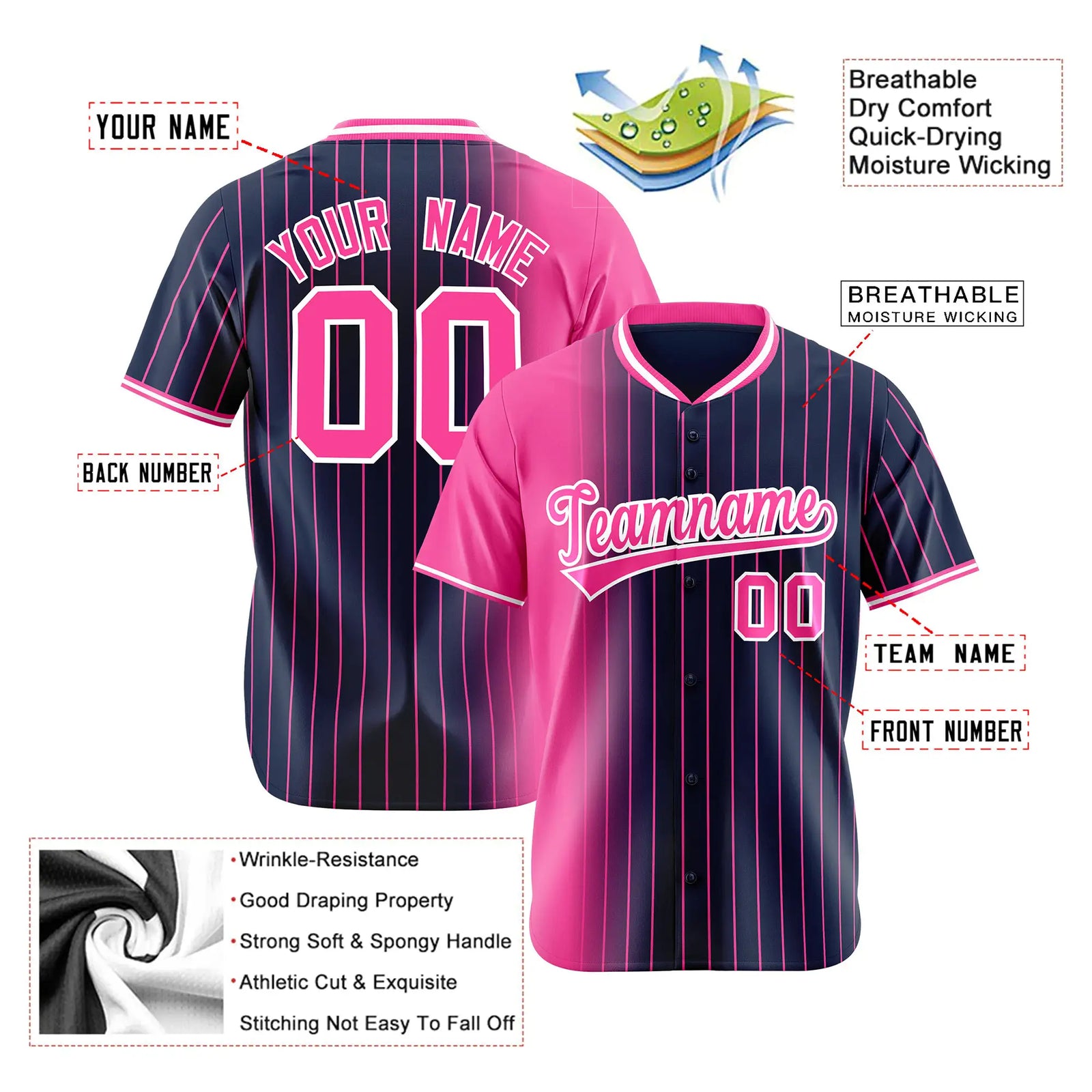 Custom Pink Navy Pinstripe Pink Authentic Baseball Jersey