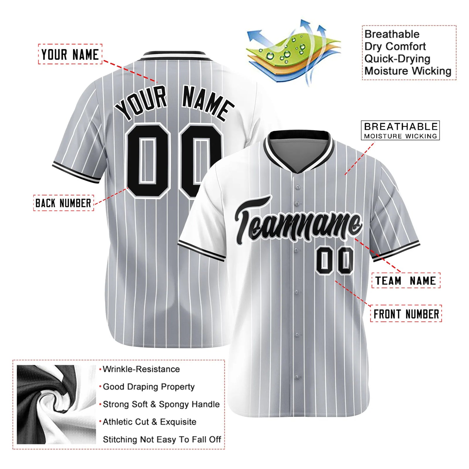 Custom White Gray Pinstripe Black Authentic Baseball Jersey