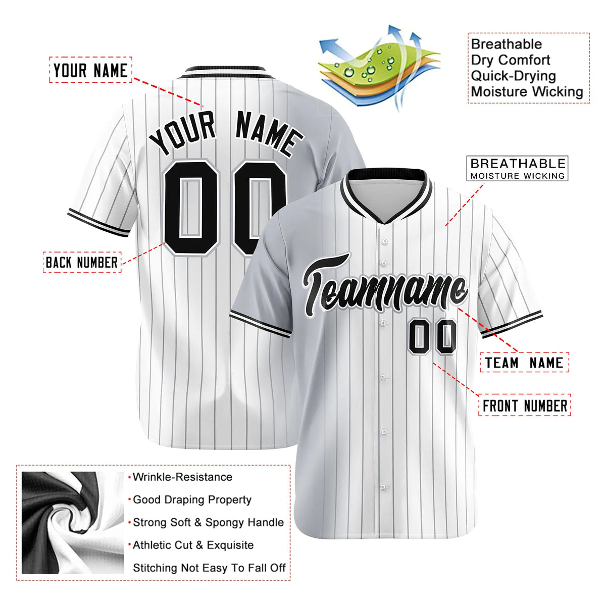 Custom Gray White Pinstripe Black Authentic Baseball Jersey