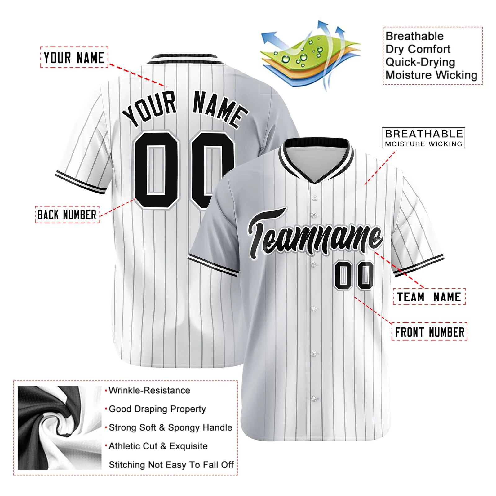 Custom Gray White Pinstripe Black Authentic Baseball Jersey