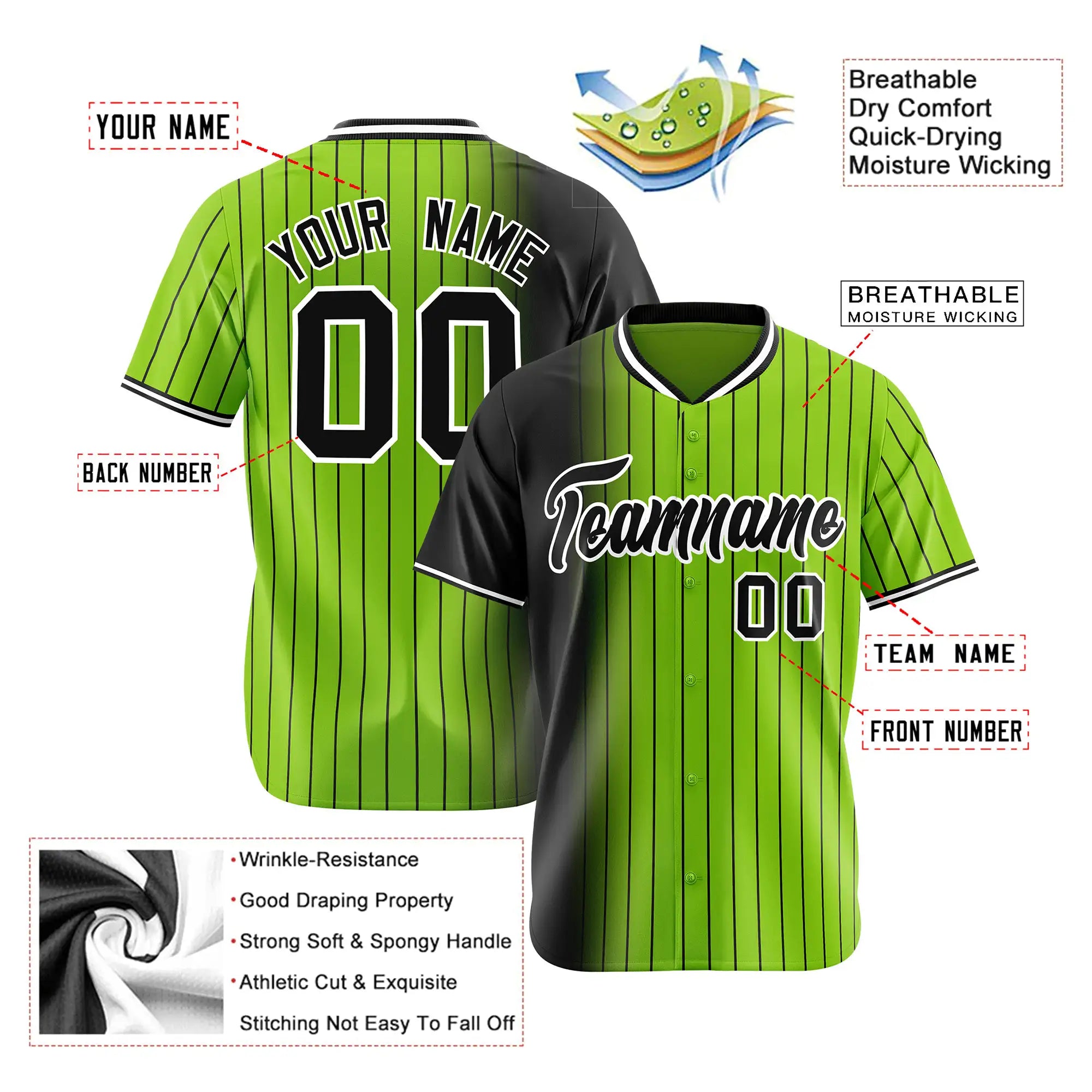 Custom Black Neon-Green Pinstripe Black Authentic Baseball Jersey