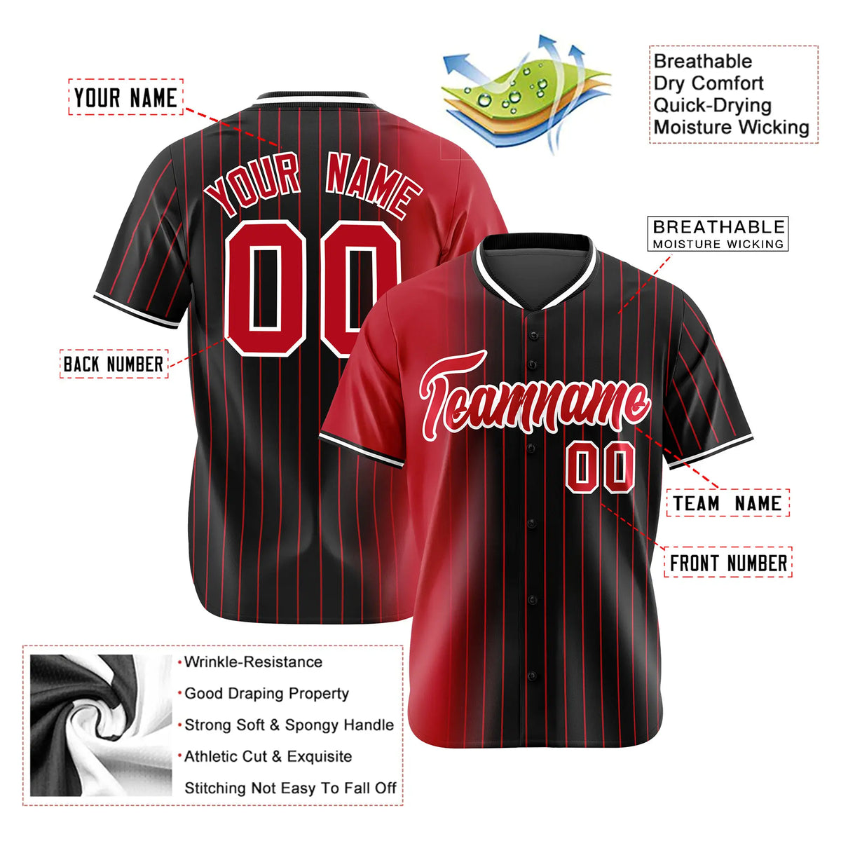 Custom Red Black Pinstripe Red Authentic Baseball Jersey