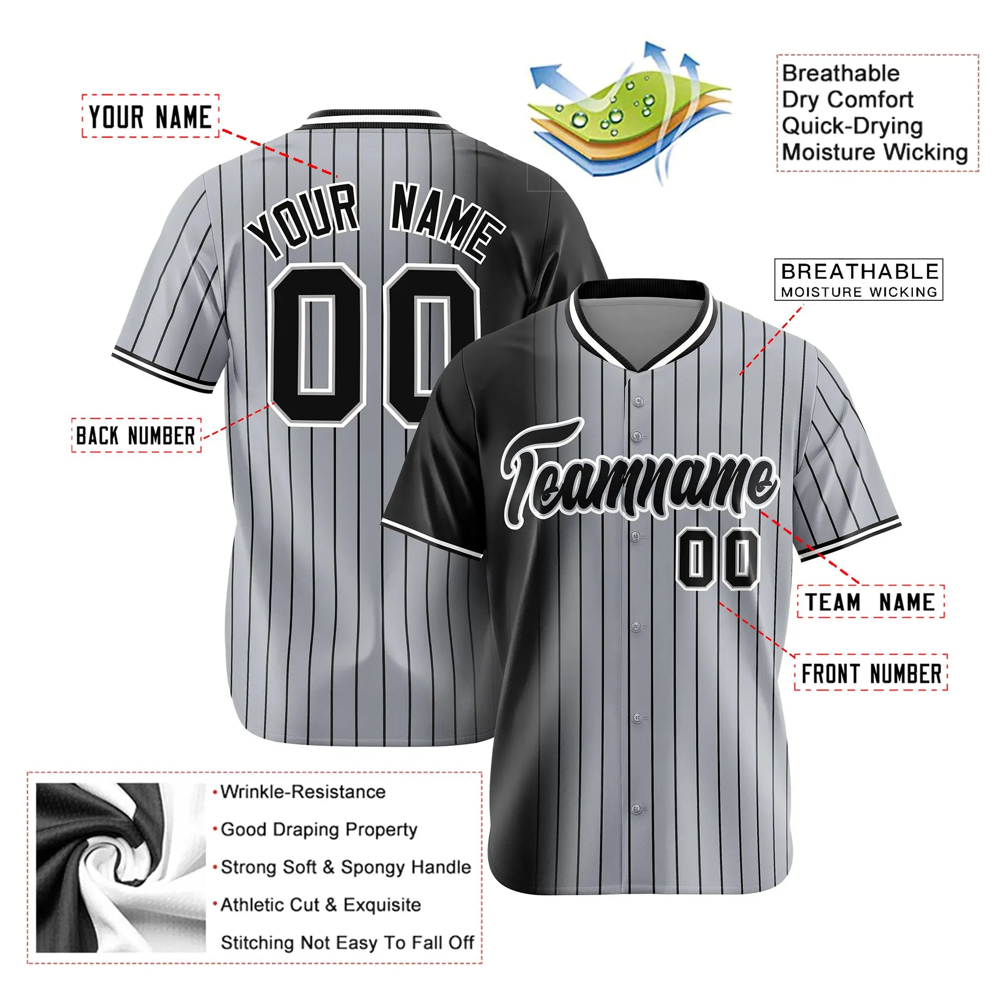 Custom Black Gray Pinstripe Black Authentic Baseball Jersey