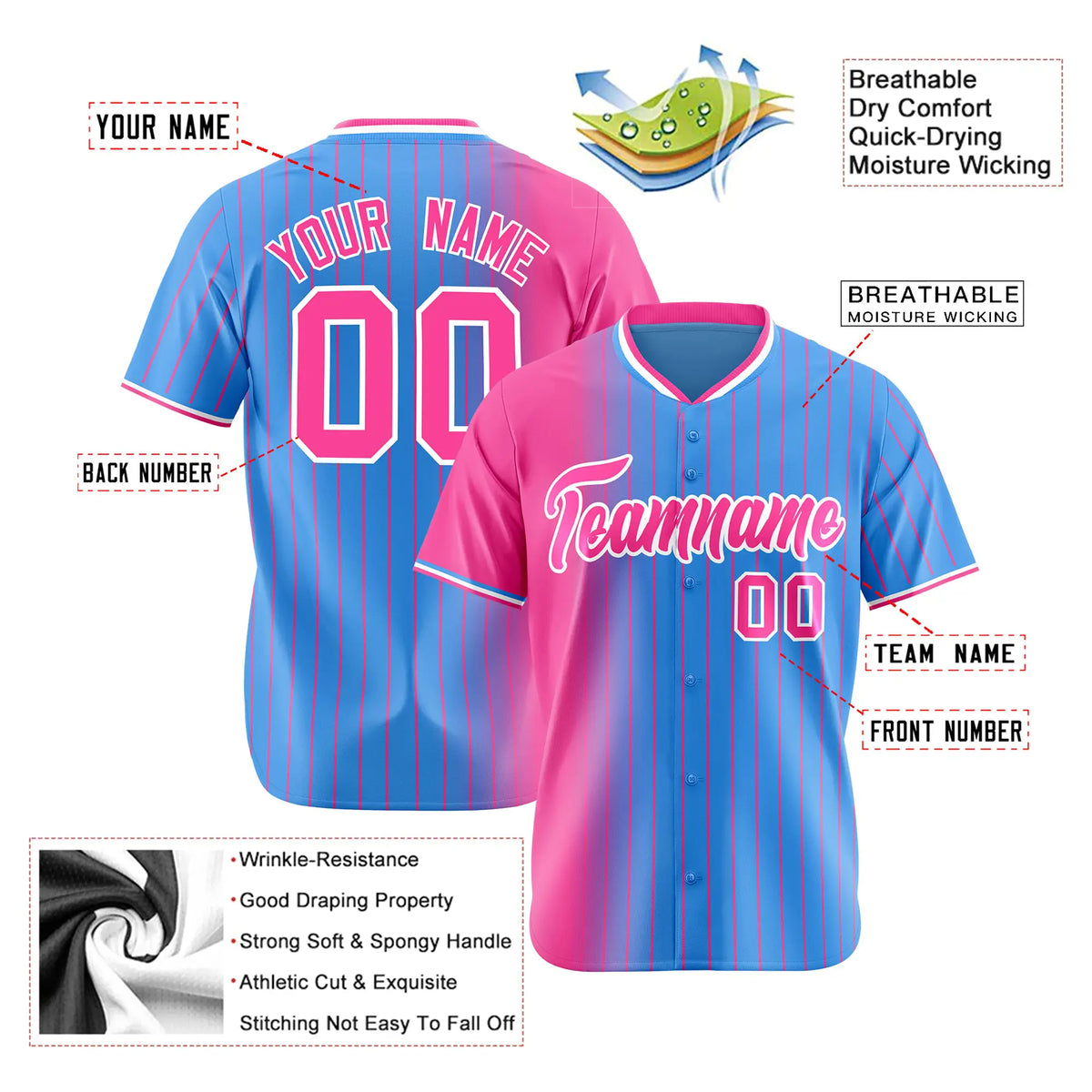 Custom Pink Blue Pinstripe Pink Authentic Baseball Jersey