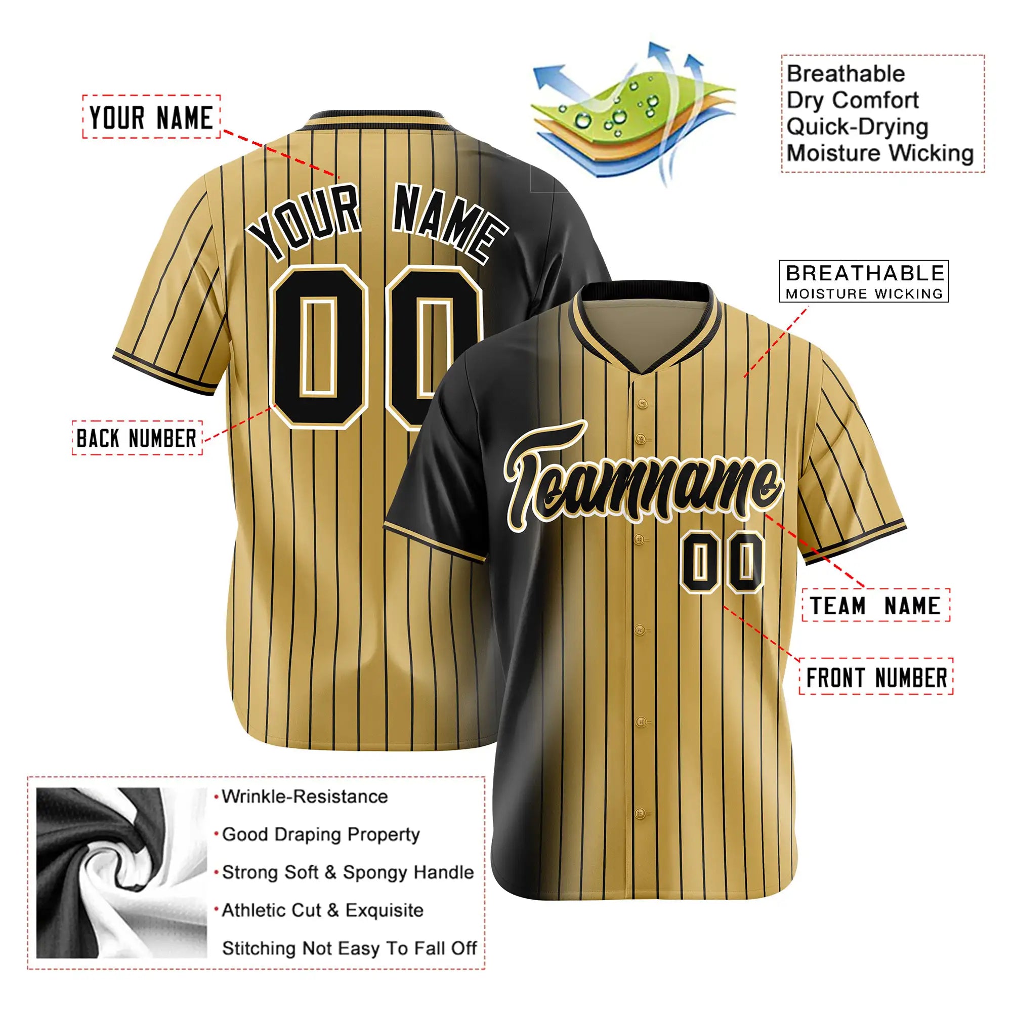 Custom Black Old-Gold Pinstripe Black Authentic Baseball Jersey