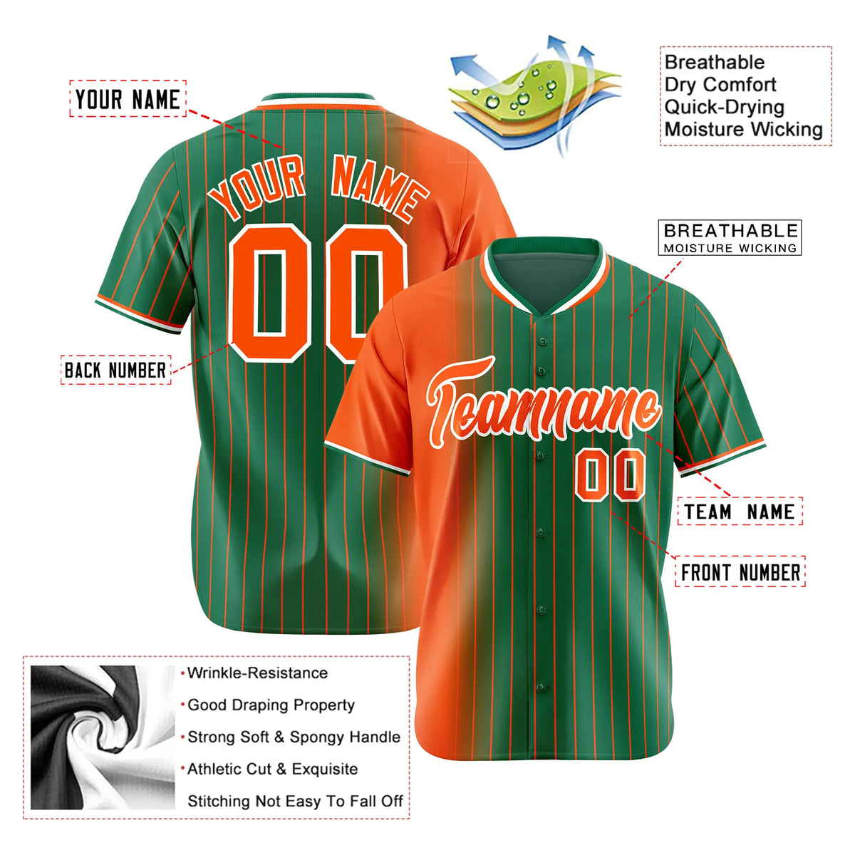 Custom Orange Green Pinstripe Orange Authentic Baseball Jersey