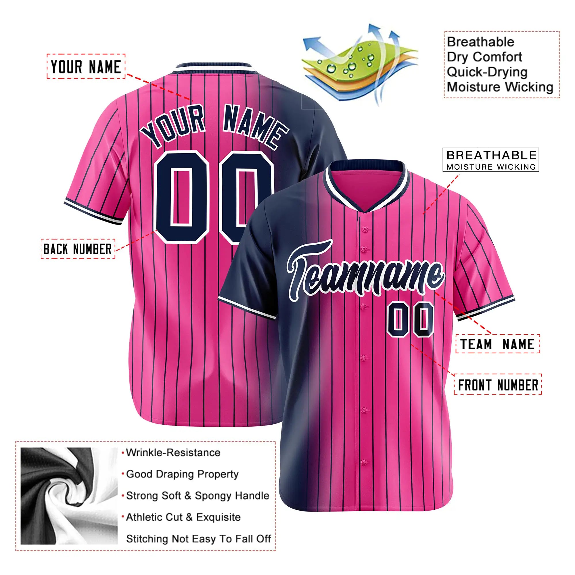 Custom Navy Pink Pinstripe Navy Authentic Baseball Jersey