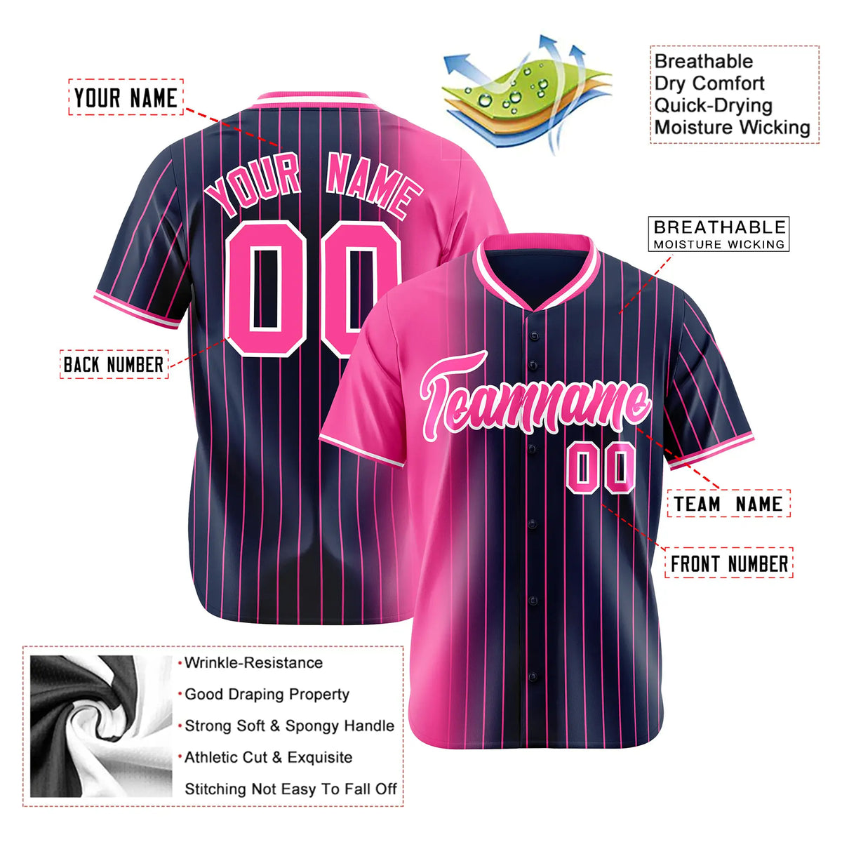 Custom Pink Navy Pinstripe Pink Authentic Baseball Jersey