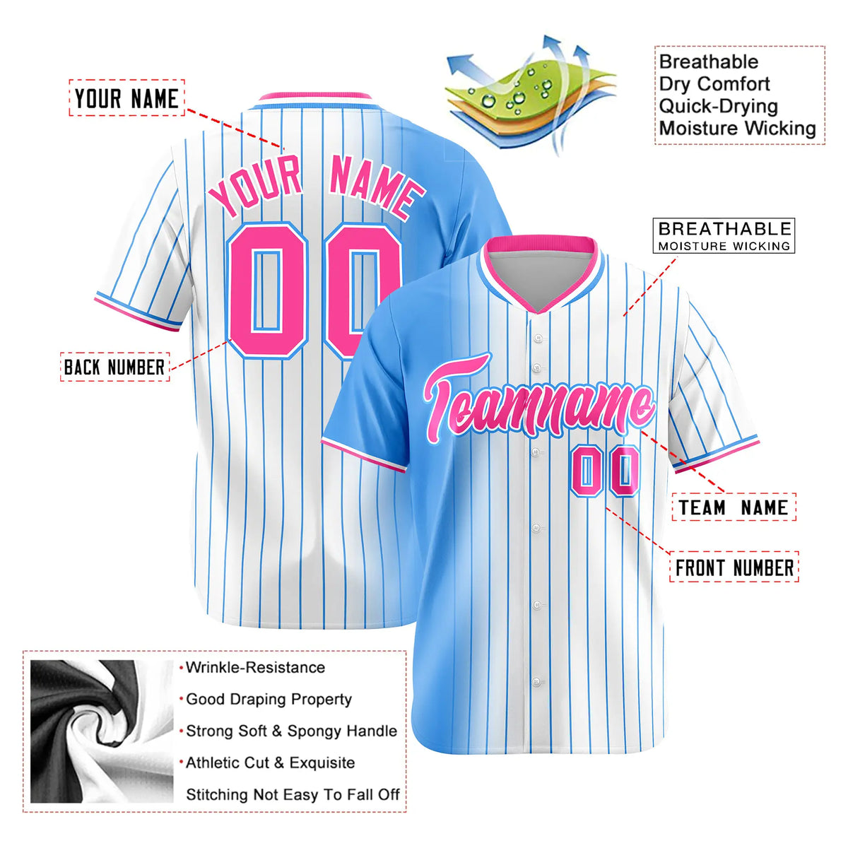 Custom Light-Blue White Pinstripe Pink Authentic Baseball Jersey
