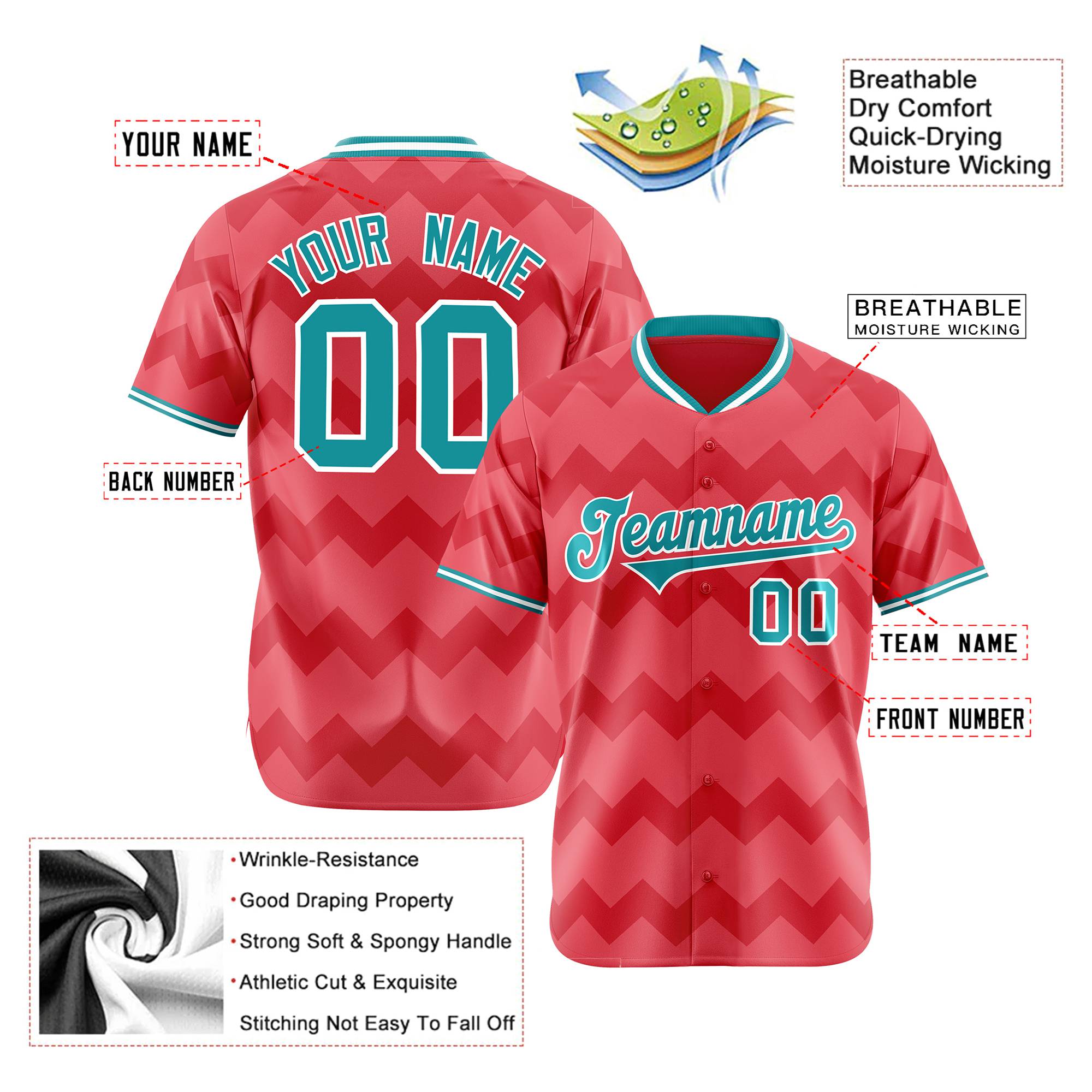 Custom Light Red Aqua White Authentic Corrugated Fashion Baseball Jersey