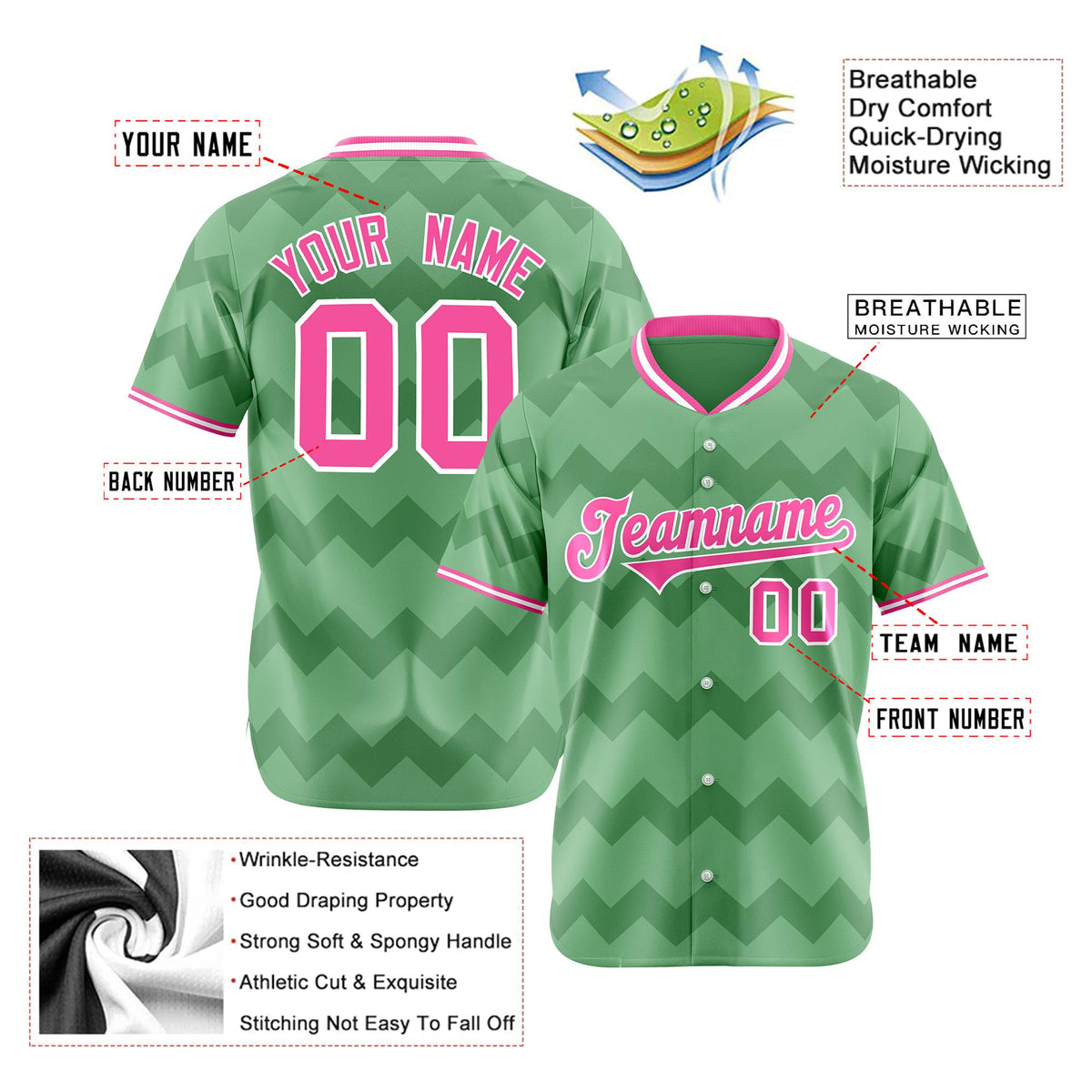 Custom Green Pink White Authentic Corrugated Fashion Baseball Jersey