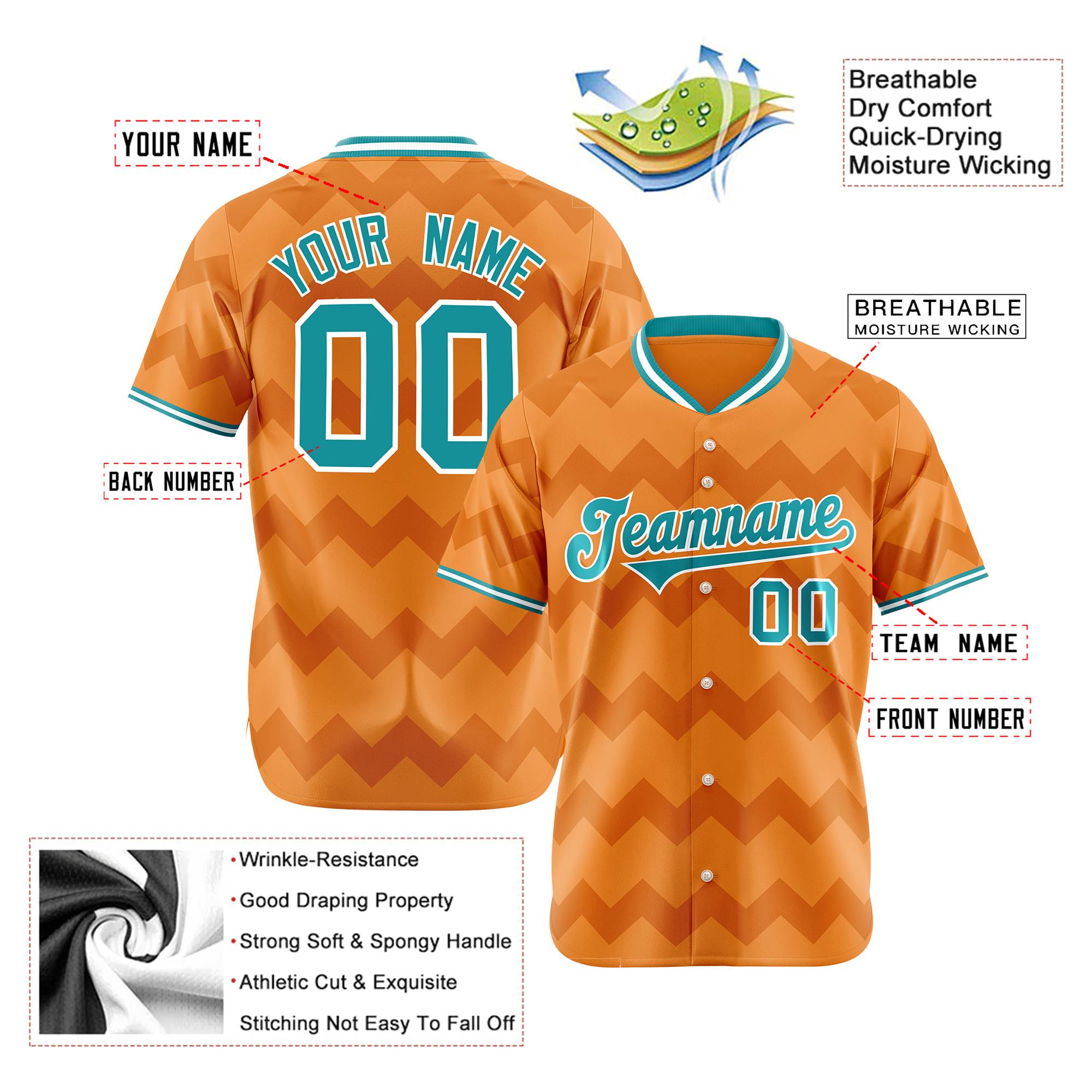 Custom Orange Aqua White Authentic Corrugated Fashion Baseball Jersey