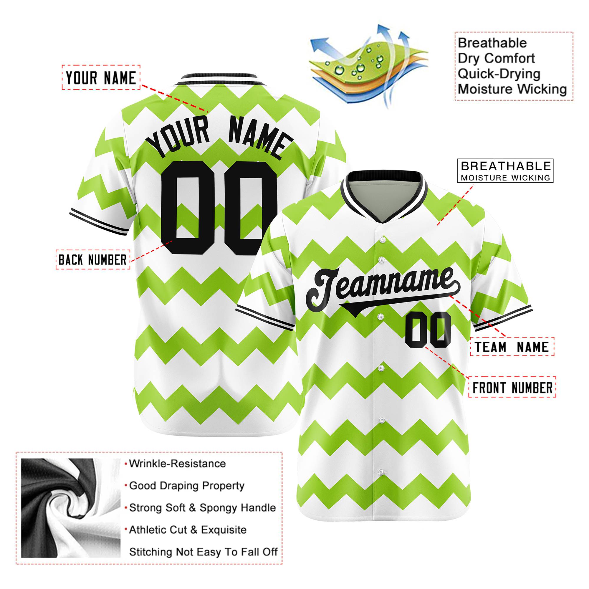 Custom White Neon Green Black Authentic Corrugated Fashion Baseball Jersey