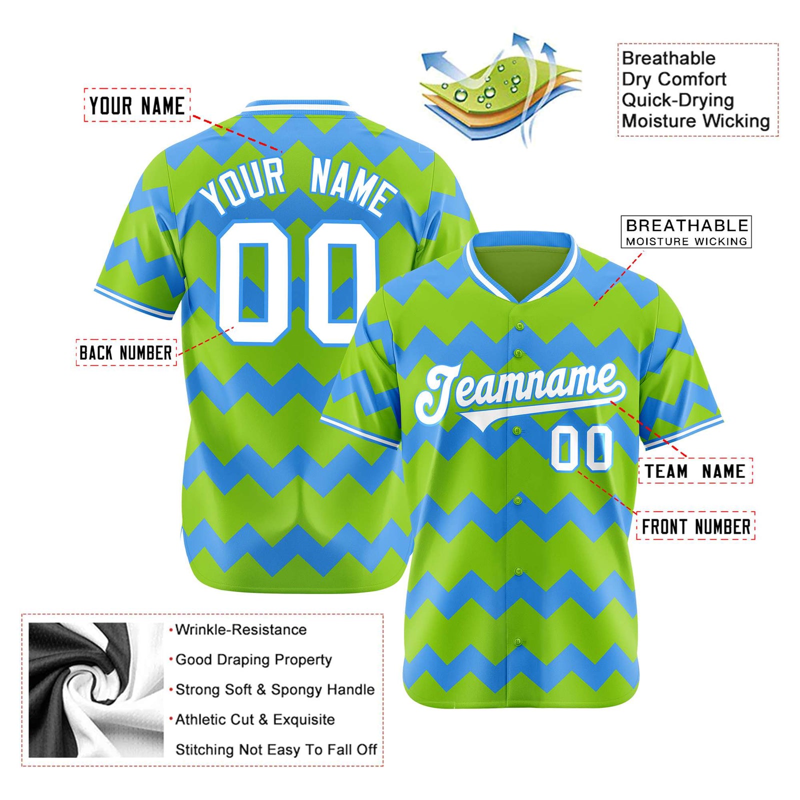 Custom Neon Green Powder Blue White Authentic Corrugated Fashion Baseball Jersey