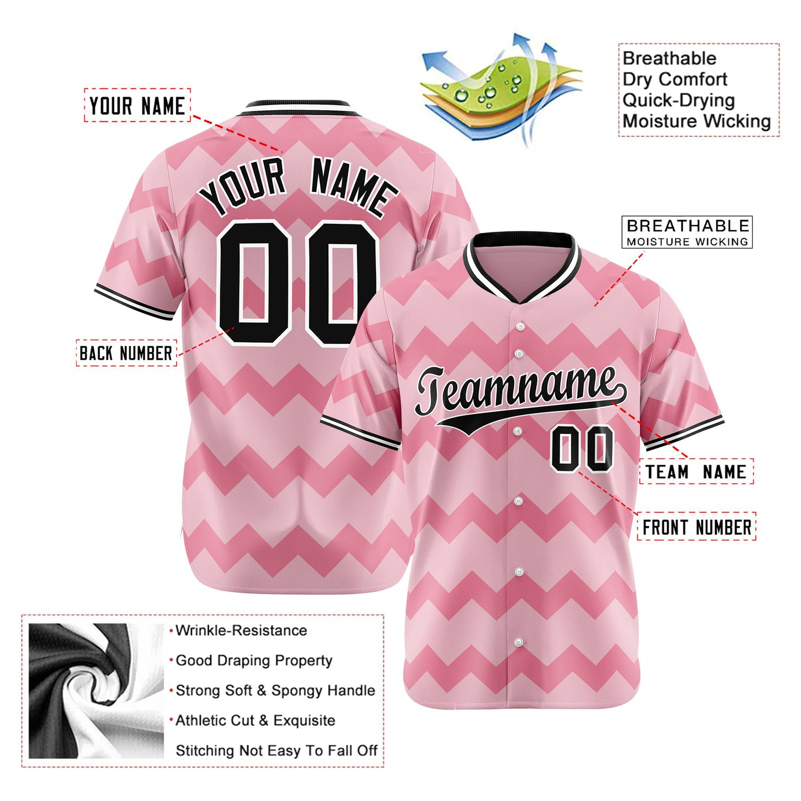 Custom Light Pink Black White Authentic Corrugated Fashion Baseball Jersey