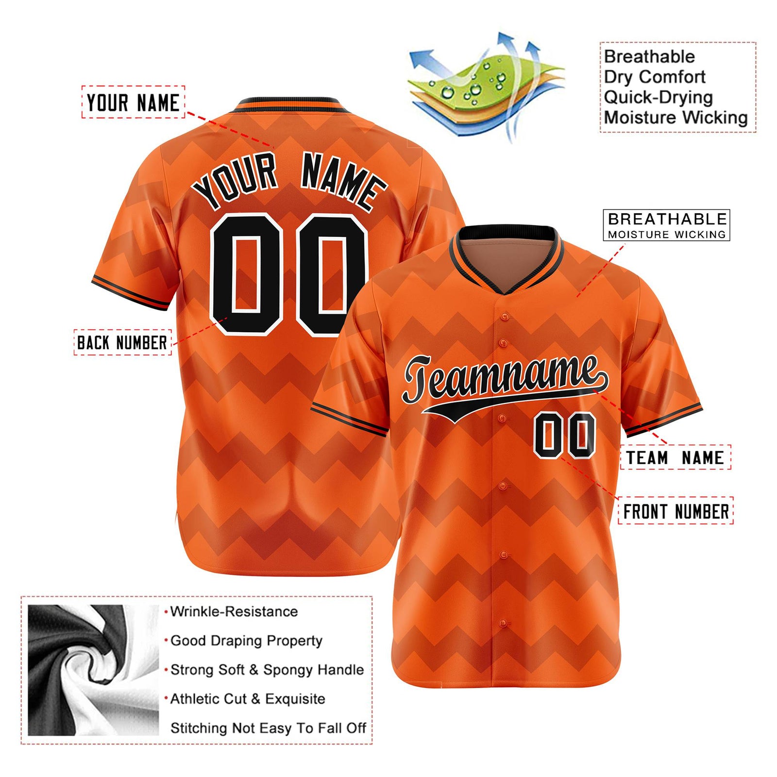 Custom Orange Black White Authentic Corrugated Fashion Baseball Jersey