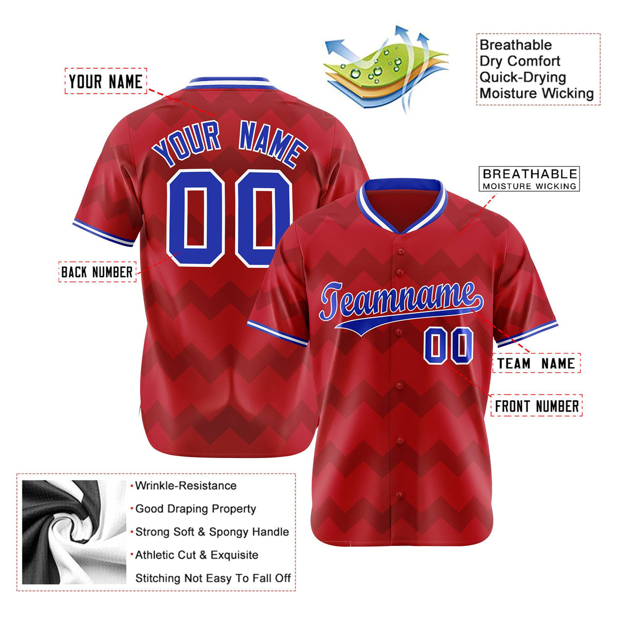 Custom Red Royal Blue White Authentic Corrugated Fashion Baseball Jersey