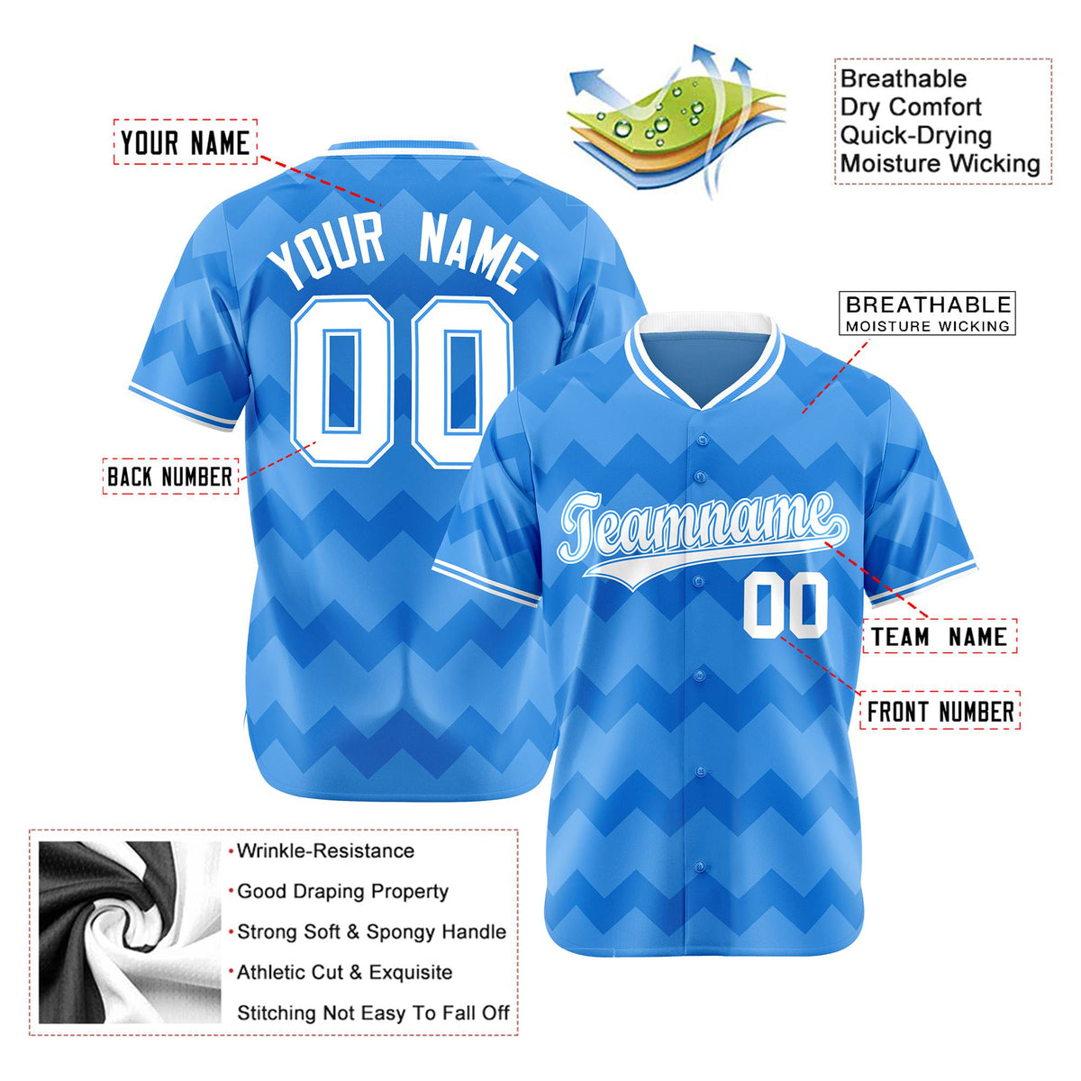 Custom Powder Blue White Authentic Corrugated Fashion Baseball Jersey