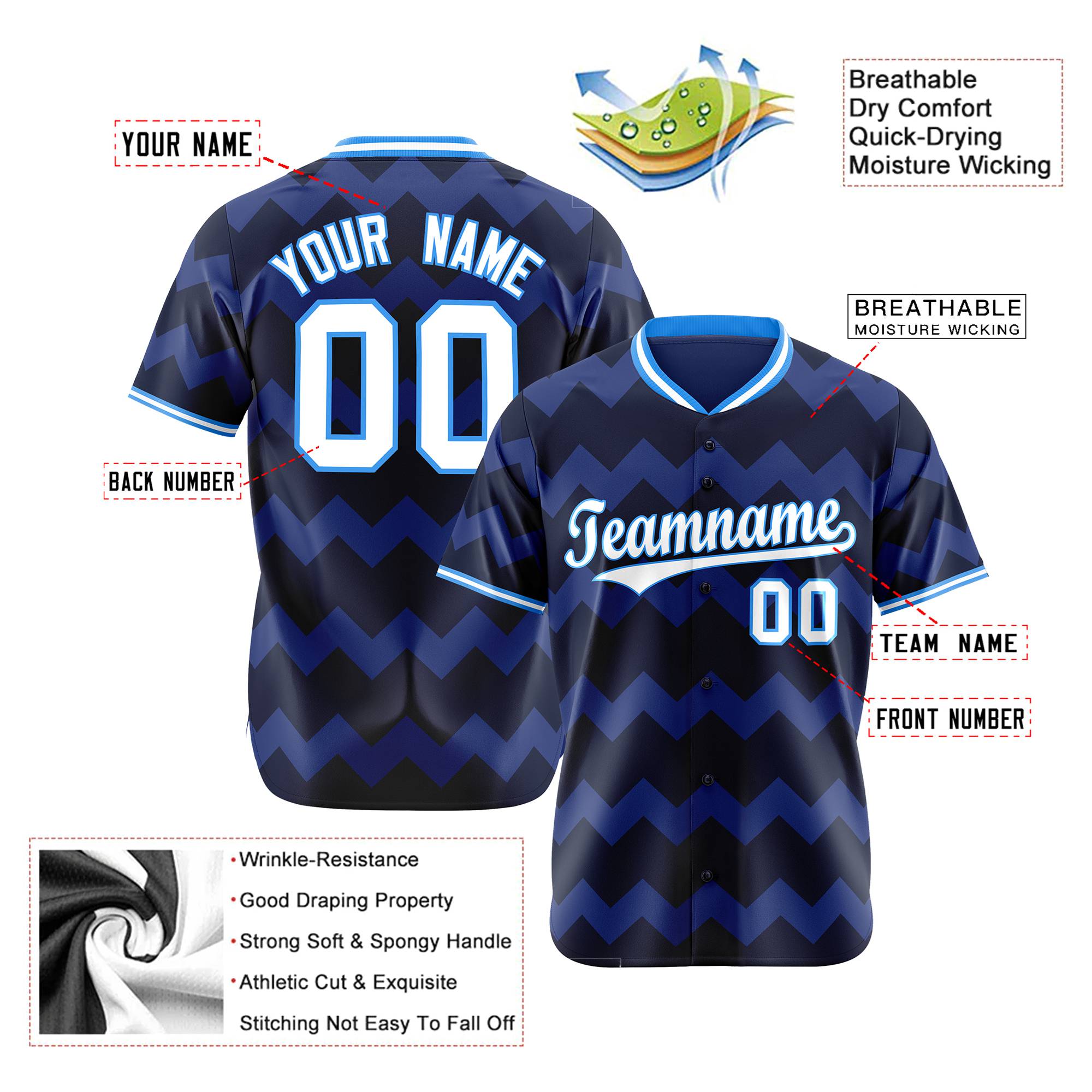 Custom Navy Powder Blue White Authentic Corrugated Fashion Baseball Jersey