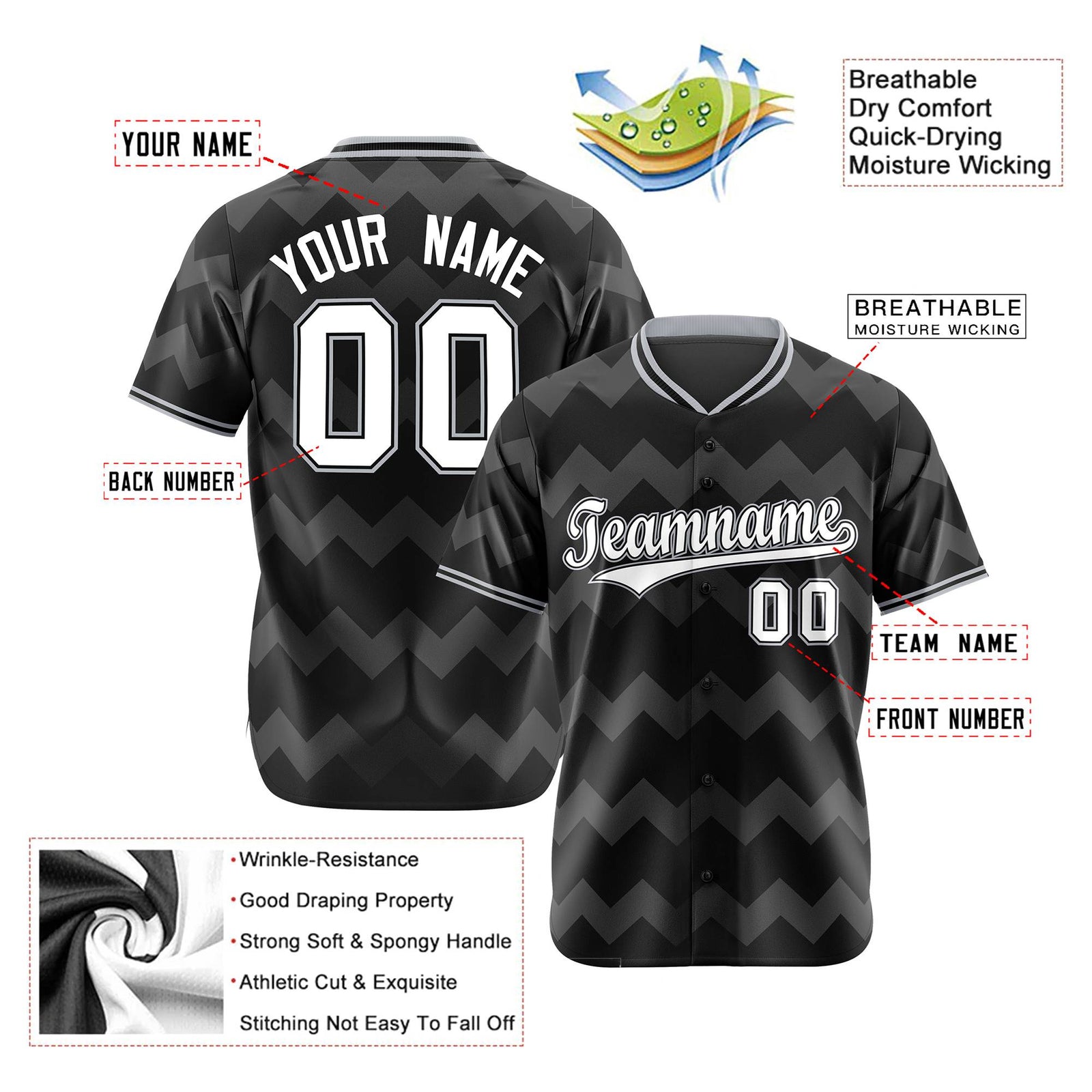 Custom Black Gray White Authentic Corrugated Fashion Baseball Jersey