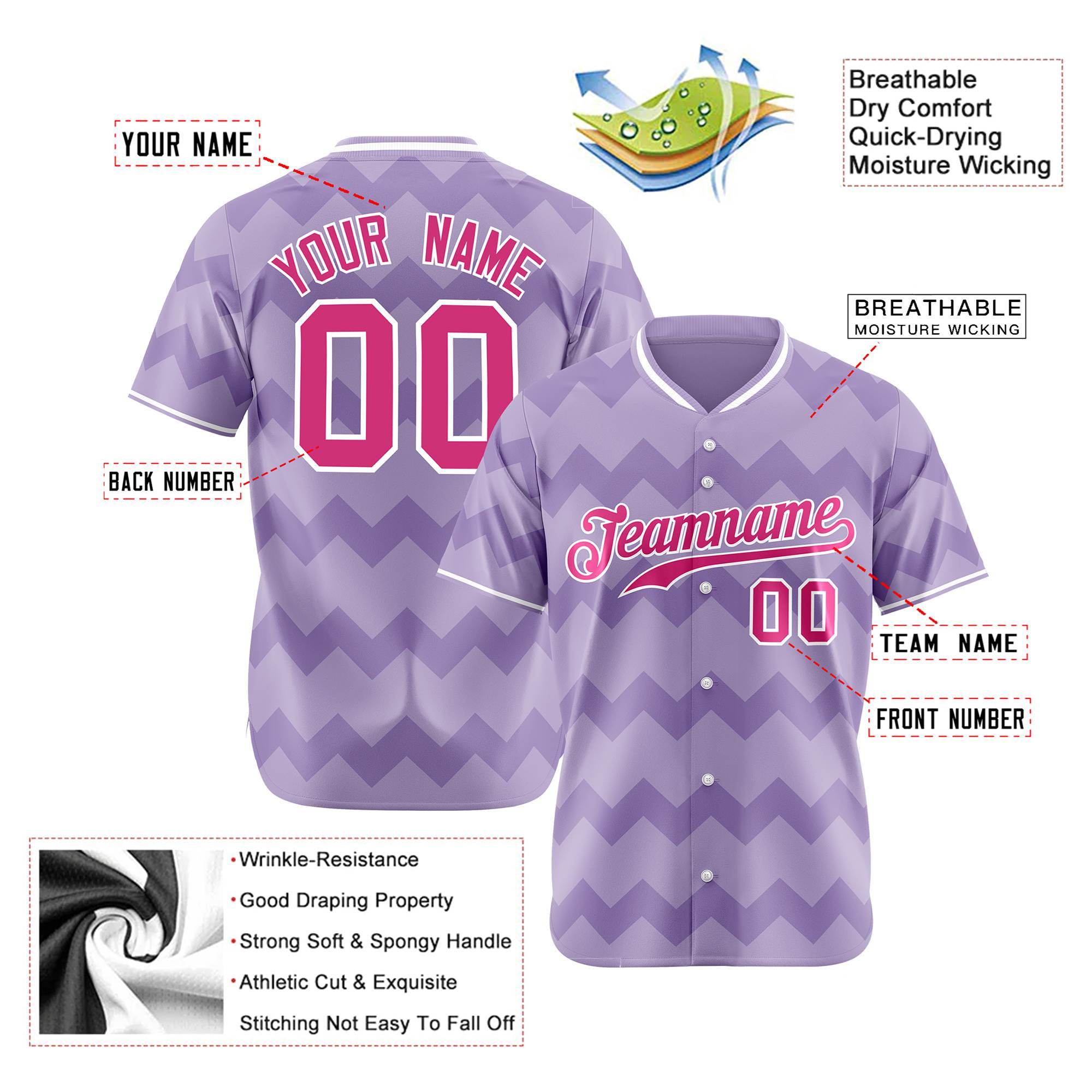 Custom Light Purple Pink White Authentic Corrugated Fashion Baseball Jersey