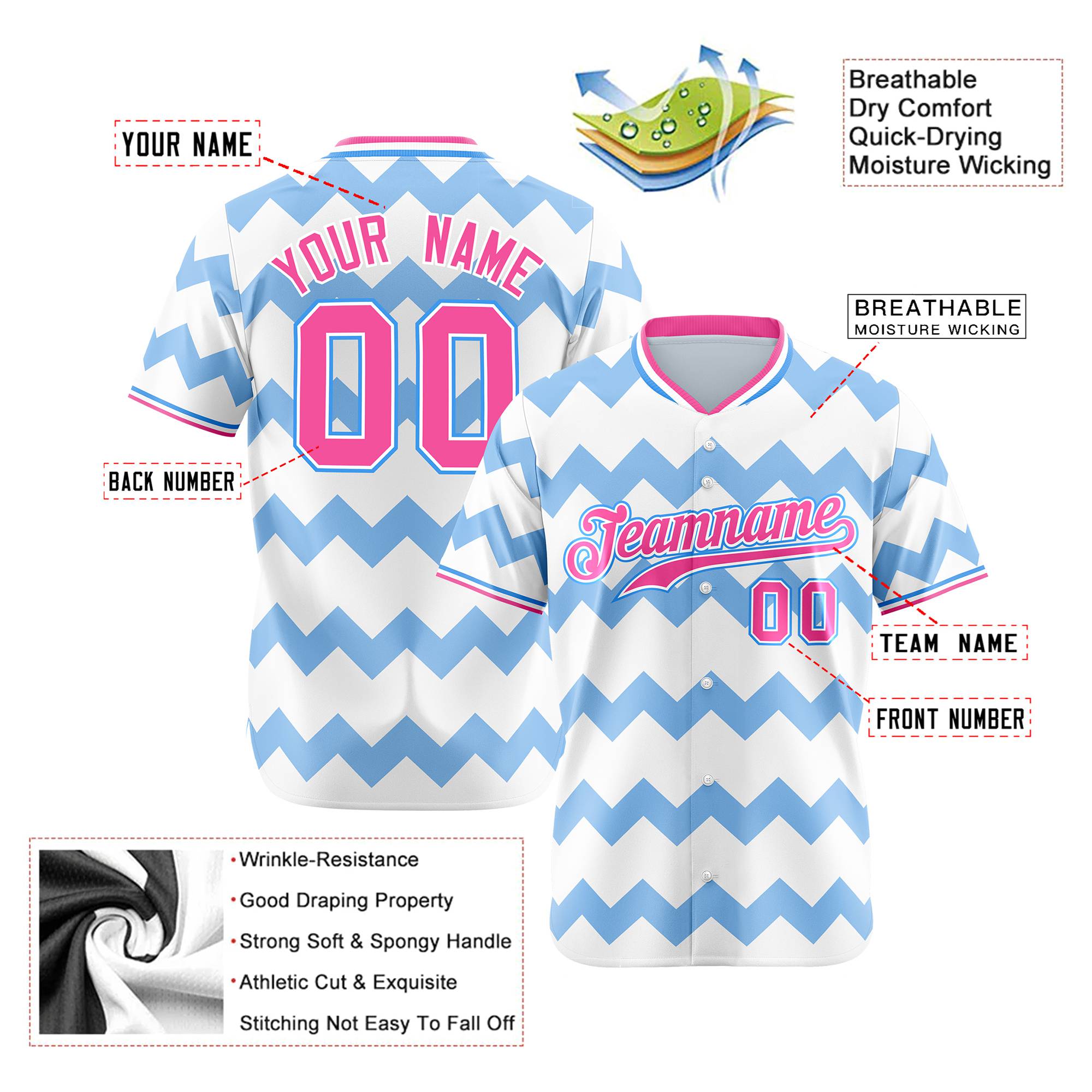 Custom White Powder Blue Pink Authentic Corrugated Fashion Baseball Jersey