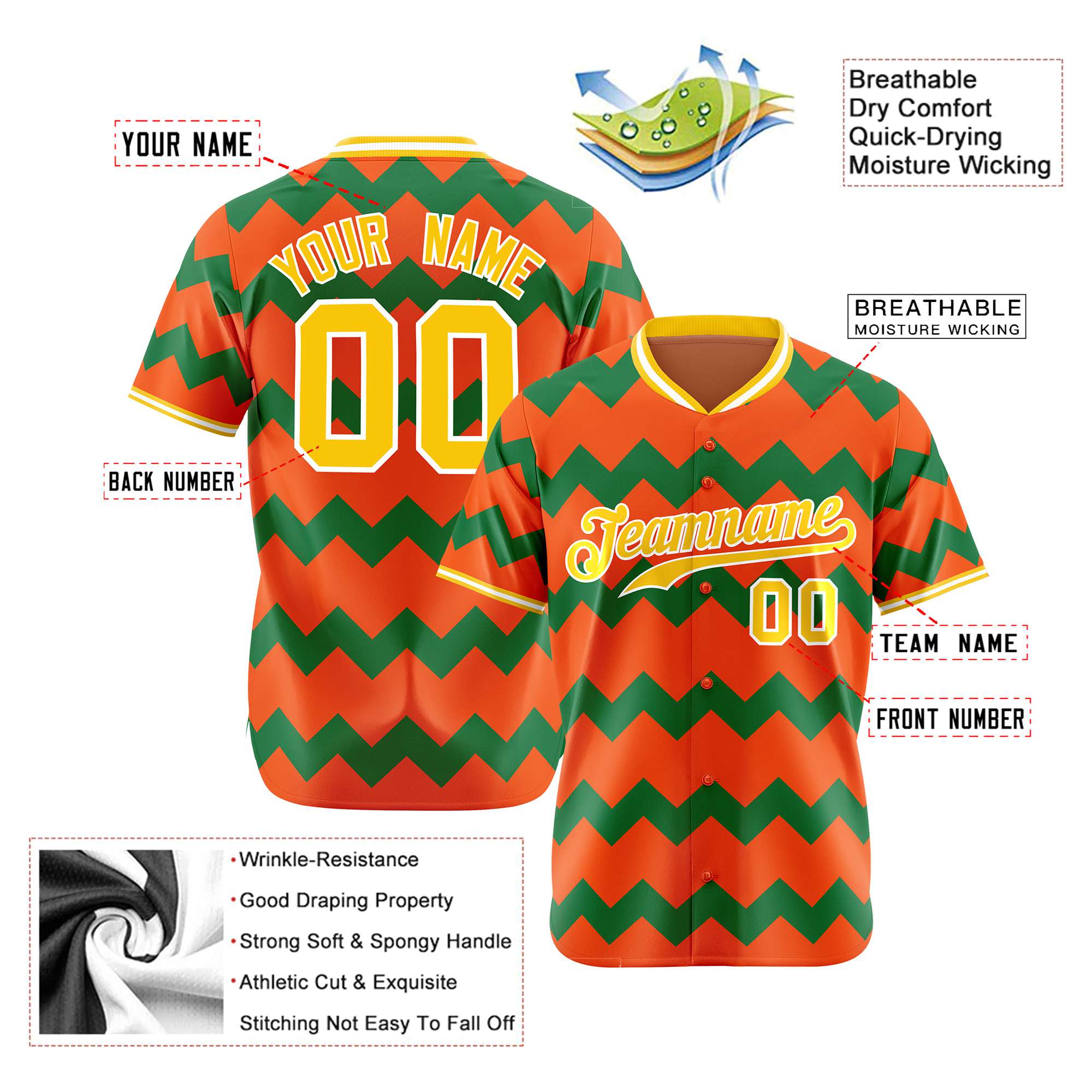 Custom Orange Gold Kelly Green Authentic Corrugated Fashion Baseball Jersey