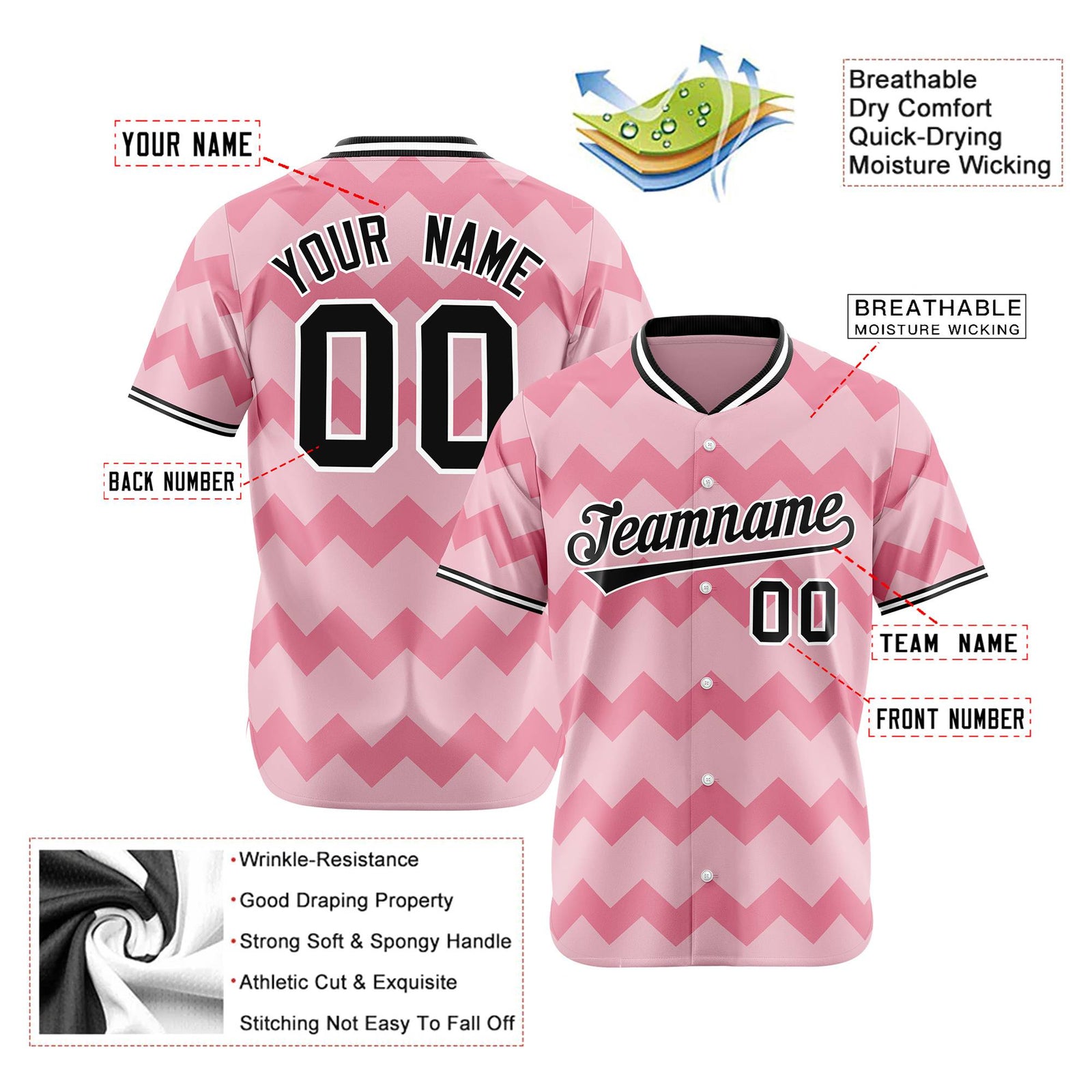 Custom Light Pink Black White Authentic Corrugated Fashion Baseball Jersey