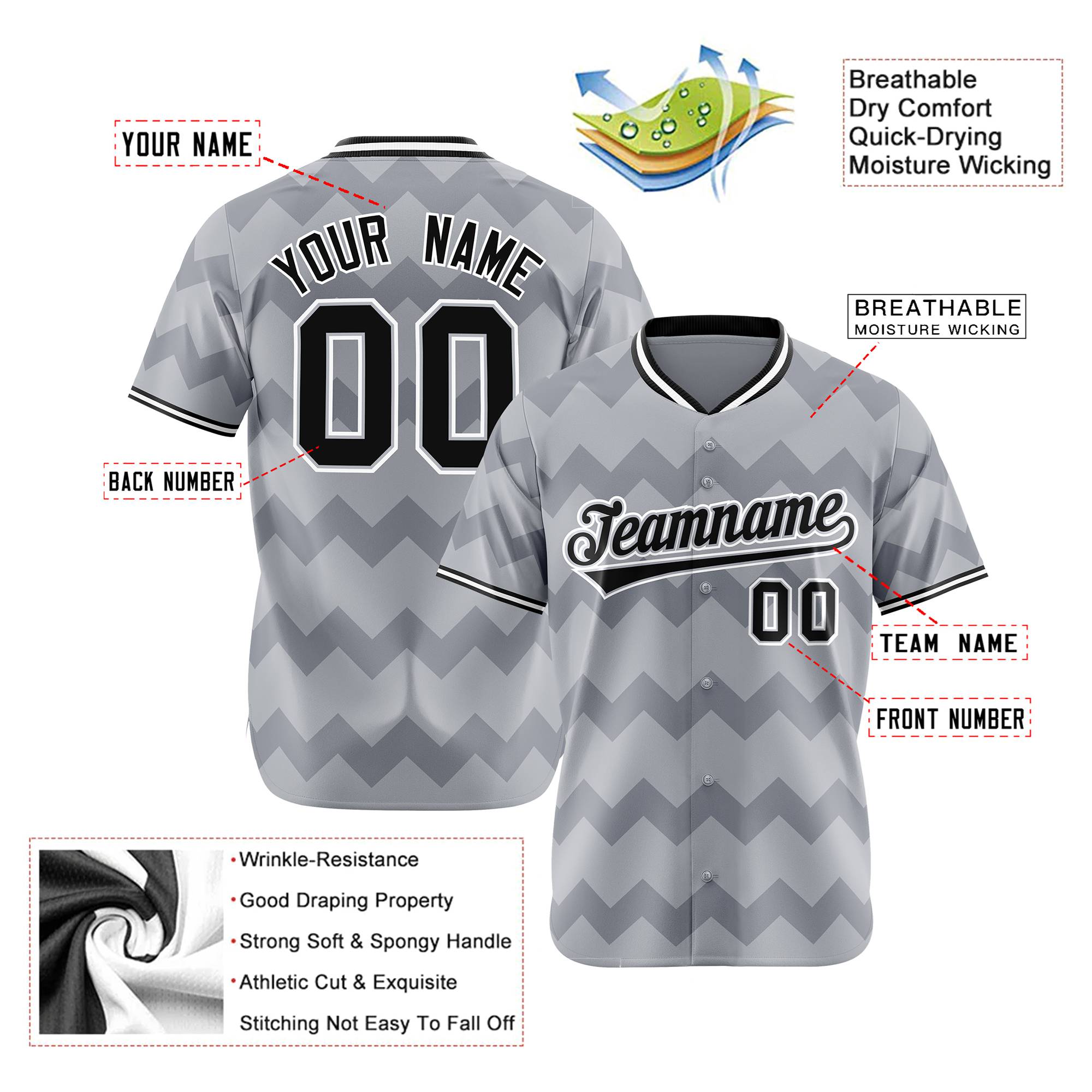 Custom Gray Black White Authentic Corrugated Fashion Baseball Jersey