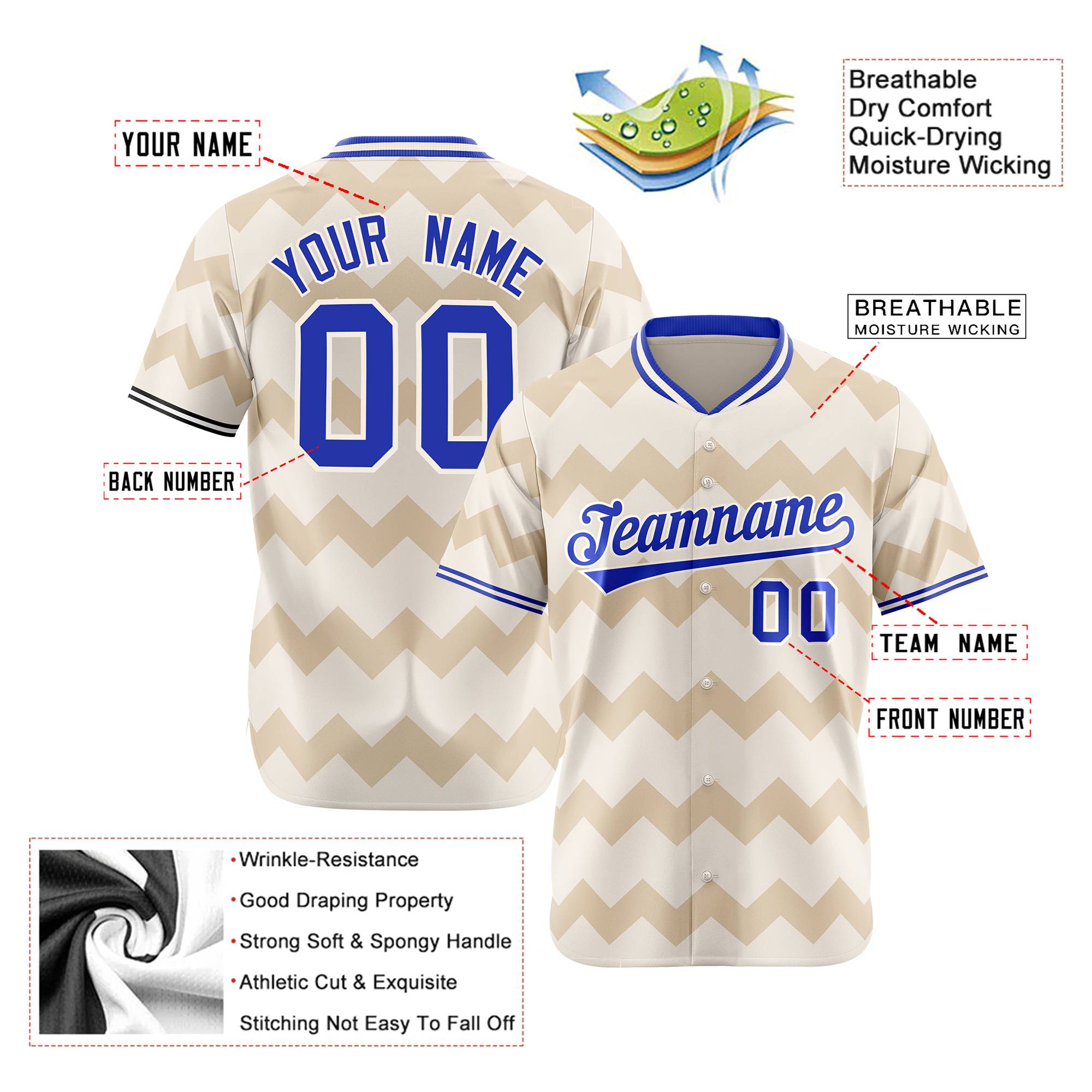 Custom Khaki Royal Blue White Authentic Corrugated Fashion Baseball Jersey