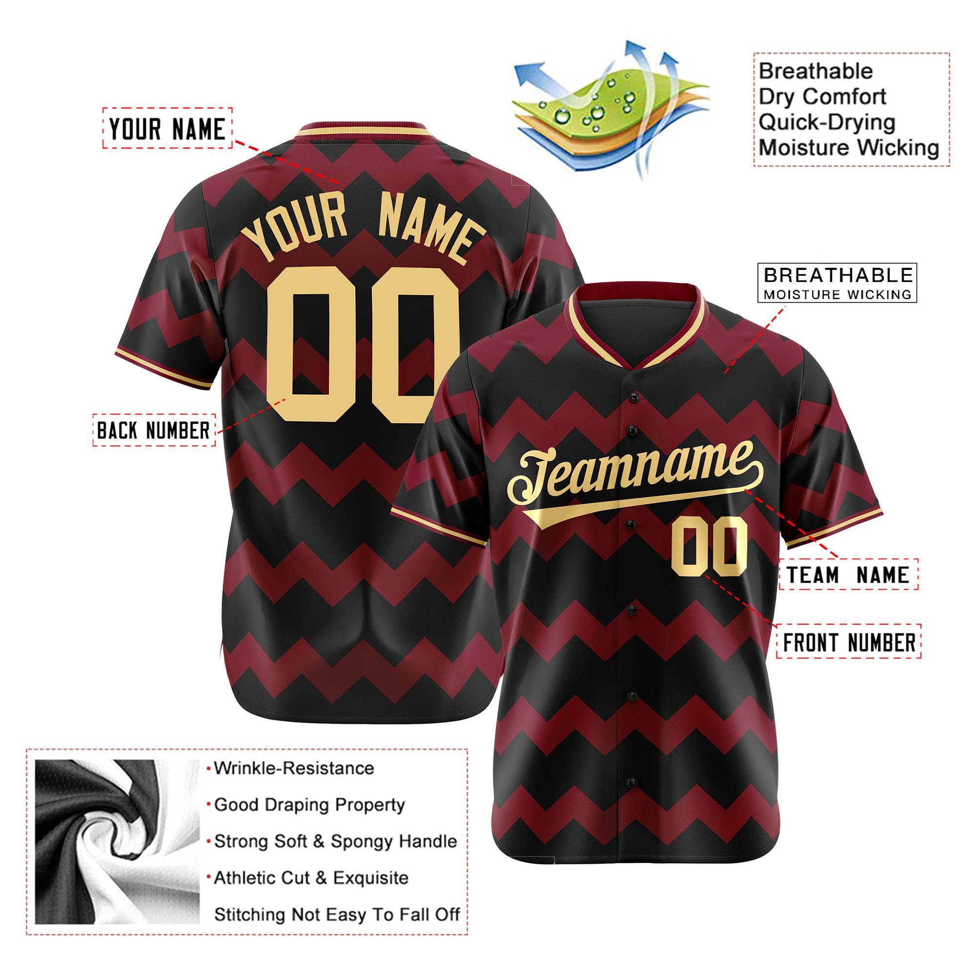 Custom Black Crimson Khaki Authentic Corrugated Fashion Baseball Jersey