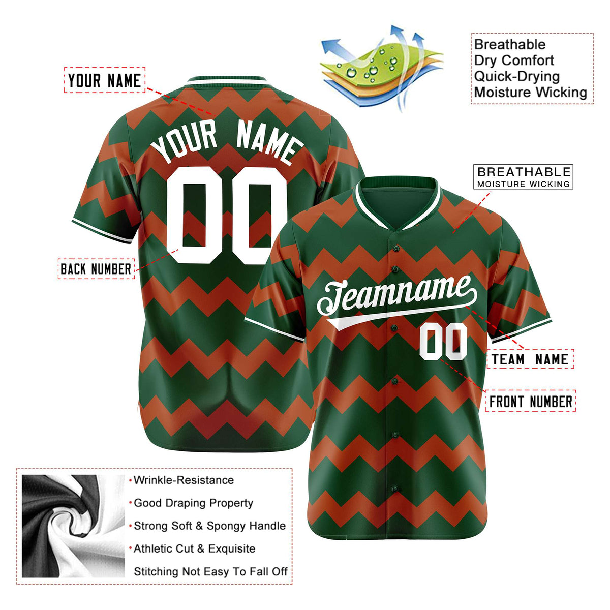 Custom Green White Authentic Corrugated Fashion Baseball Jersey