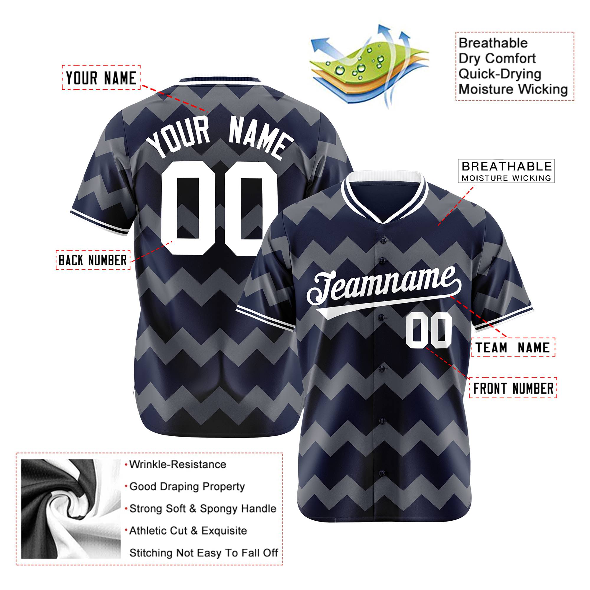 Custom Navy Gray White Authentic Corrugated Fashion Baseball Jersey