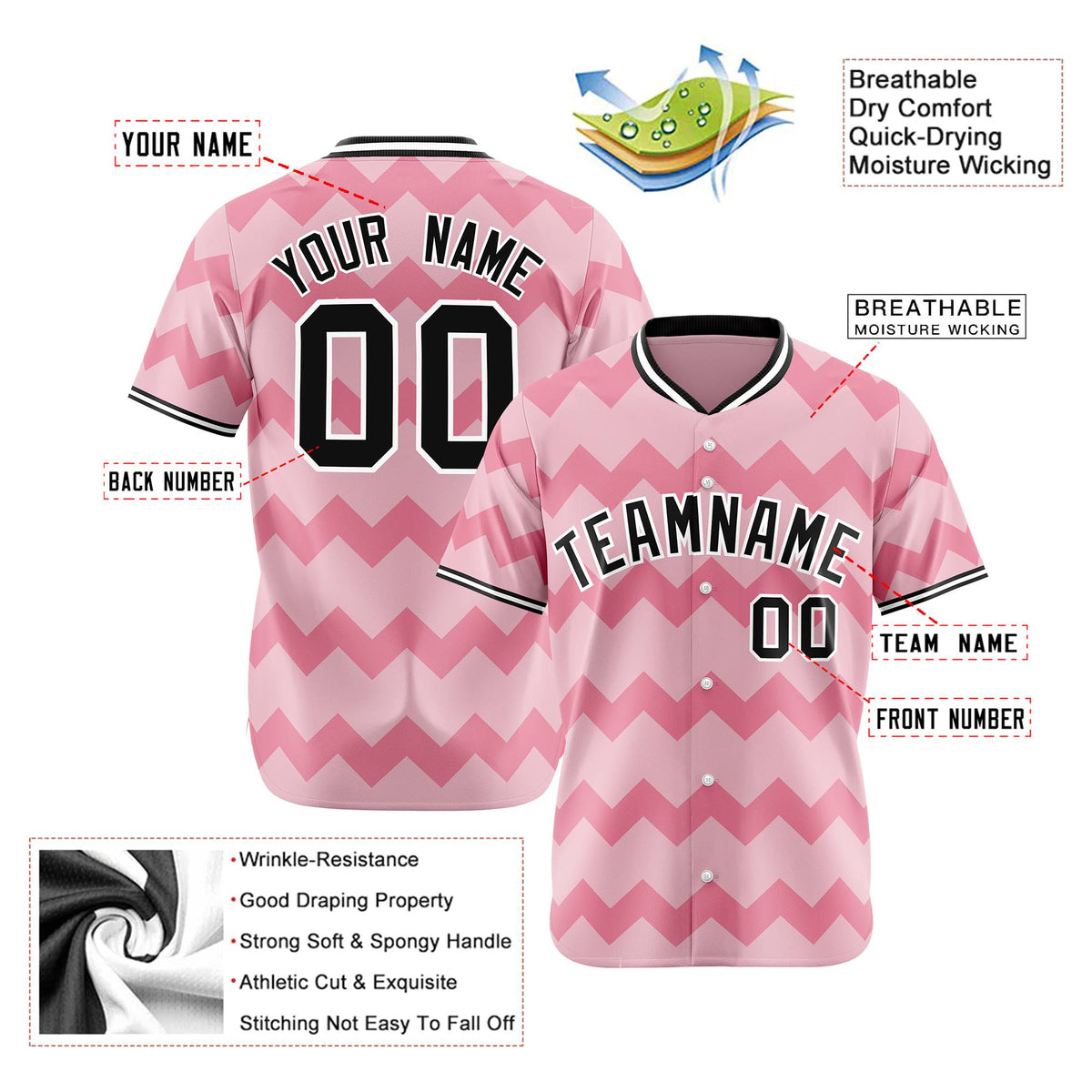 Custom Light Pink Black White Authentic Corrugated Fashion Baseball Jersey