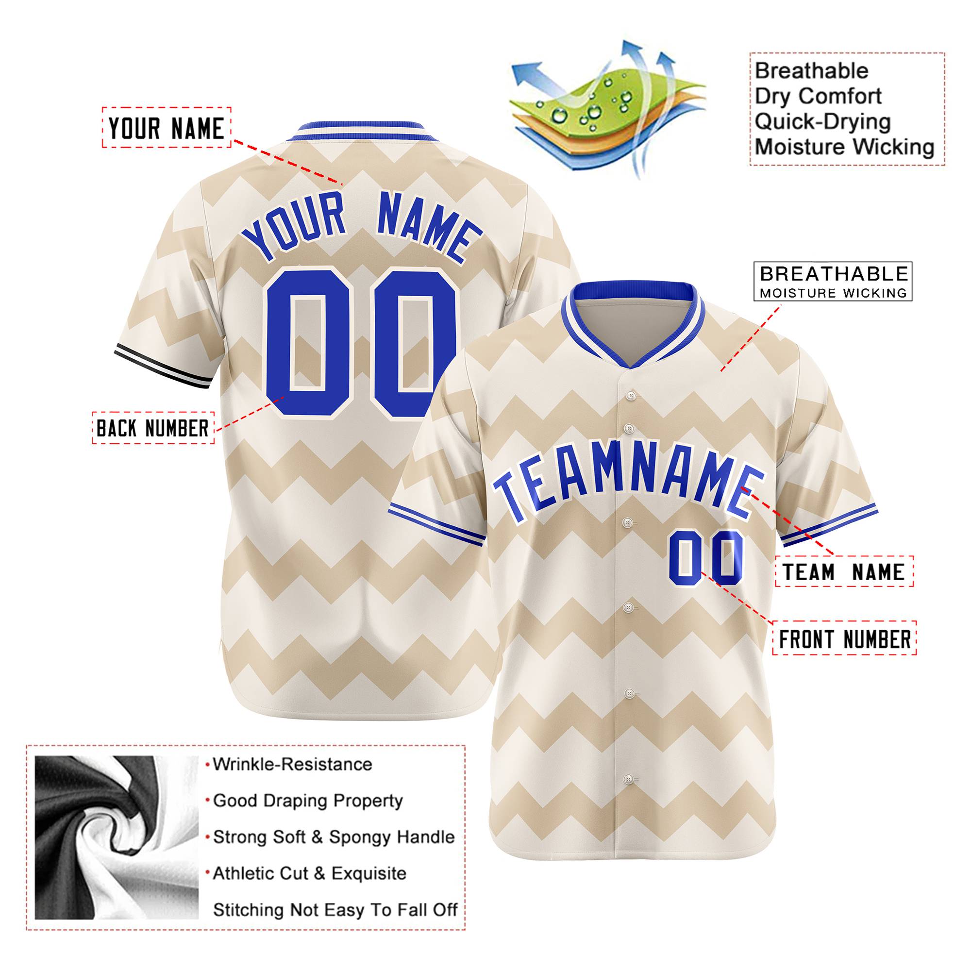 Custom Khaki Royal Blue White Authentic Corrugated Fashion Baseball Jersey