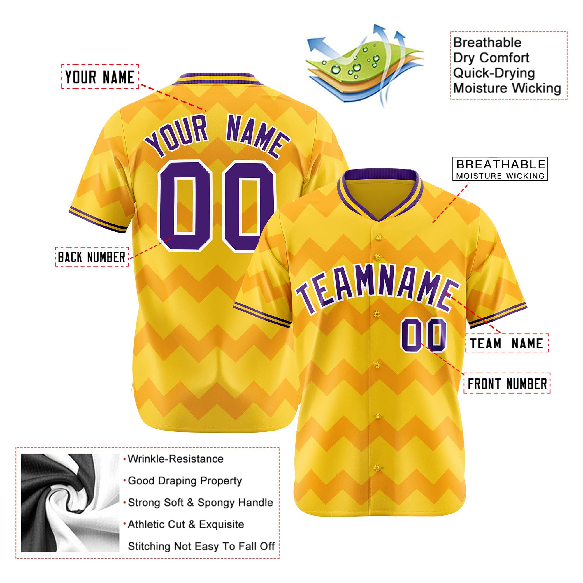 Custom Gold Purple White Authentic Corrugated Fashion Baseball Jersey