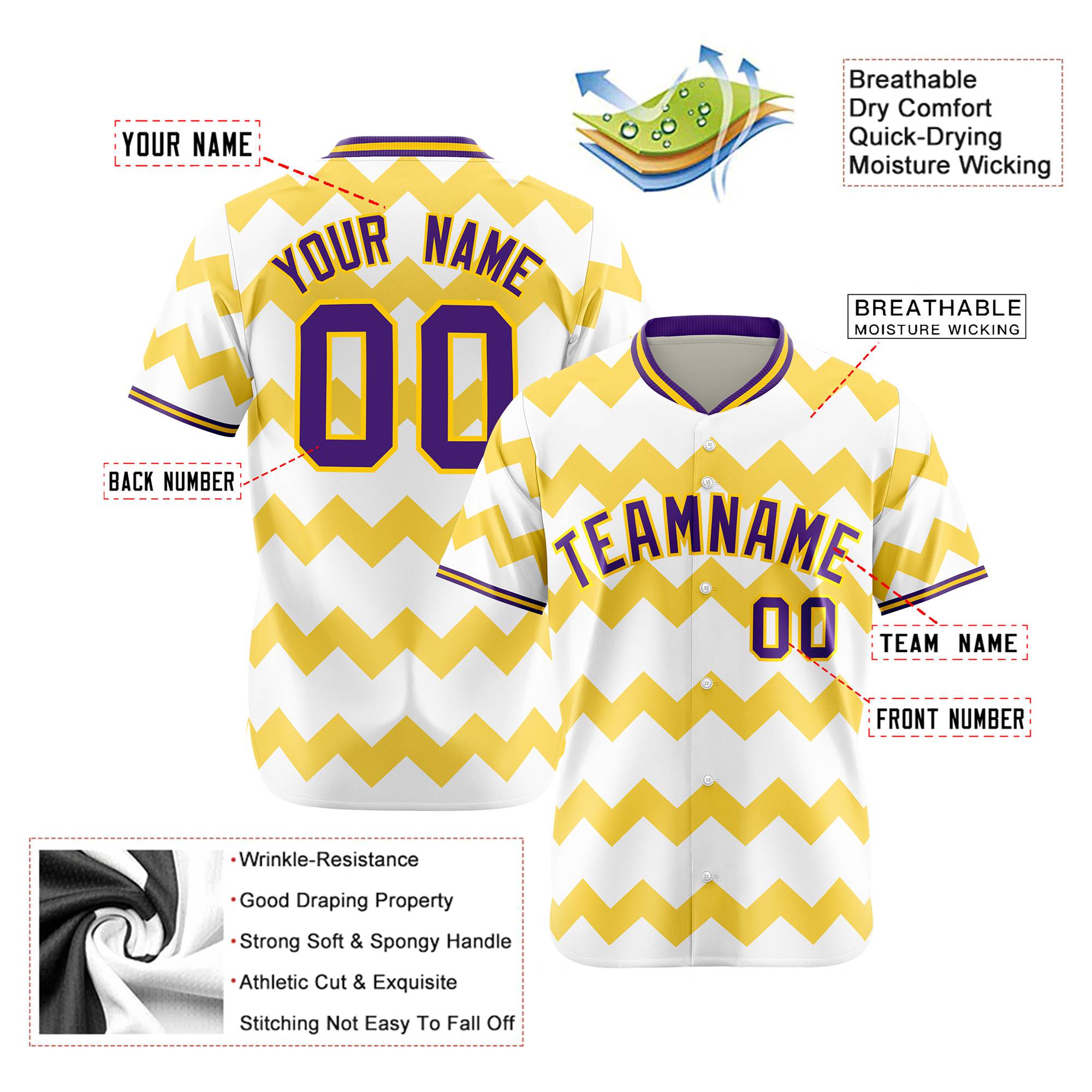 Custom White Purple Gold Authentic Corrugated Fashion Baseball Jersey