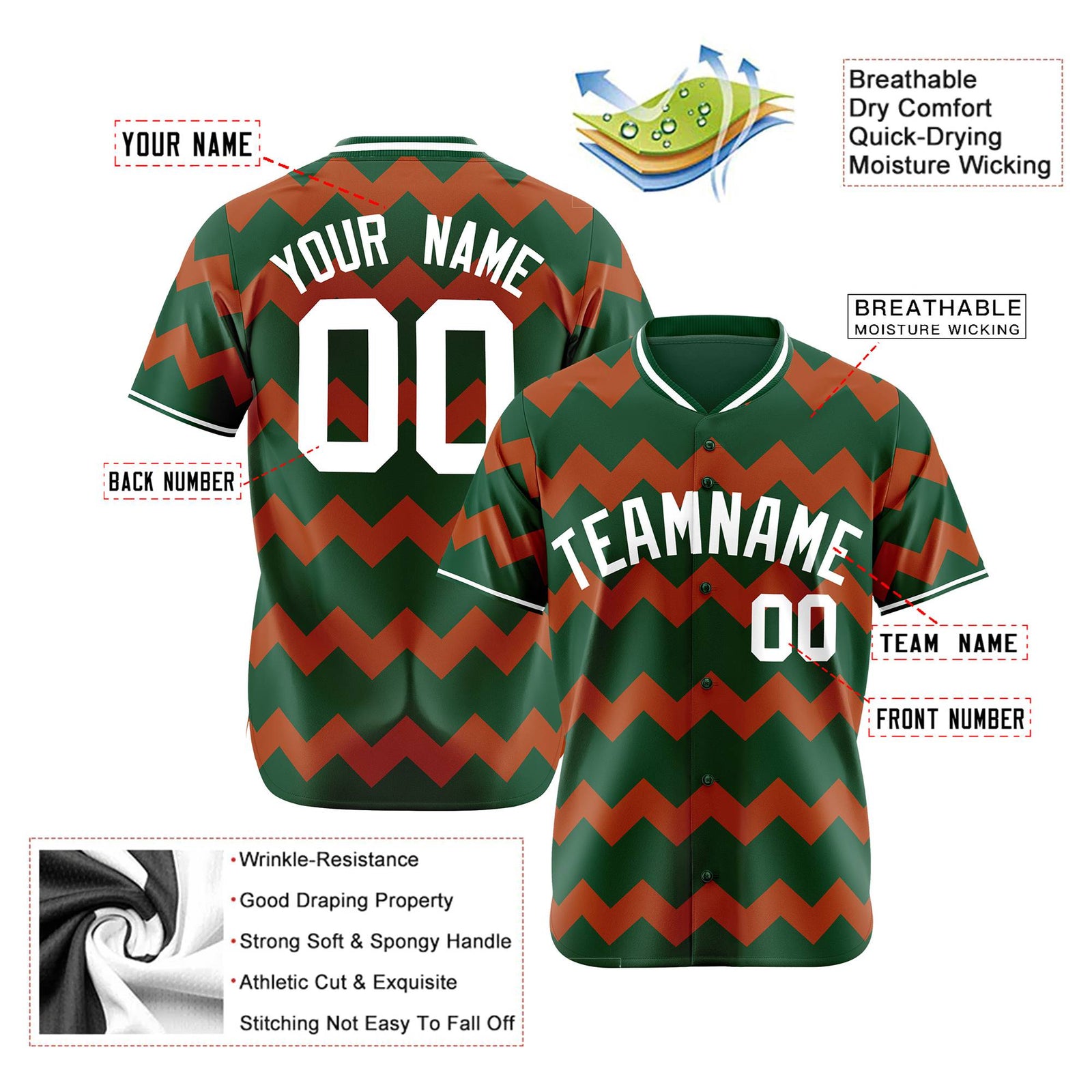 Custom Green White Authentic Corrugated Fashion Baseball Jersey